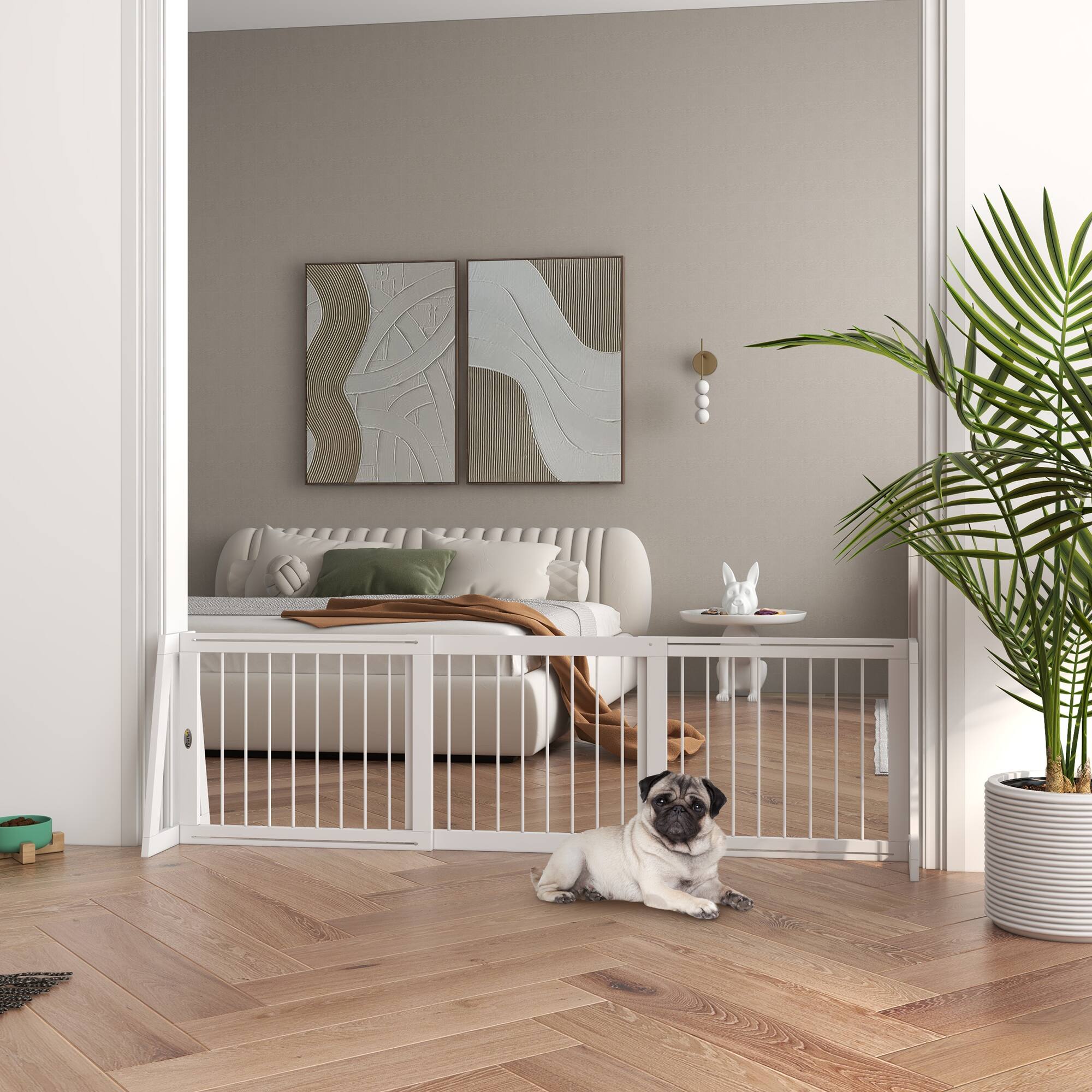 Angle. Pawhut - Freestanding Pet Gate, Wooden Dog Gate w/28"-75" Retractable Length, Support Feet, Non-Slip Mats, 3 Panel for Indoor - White.