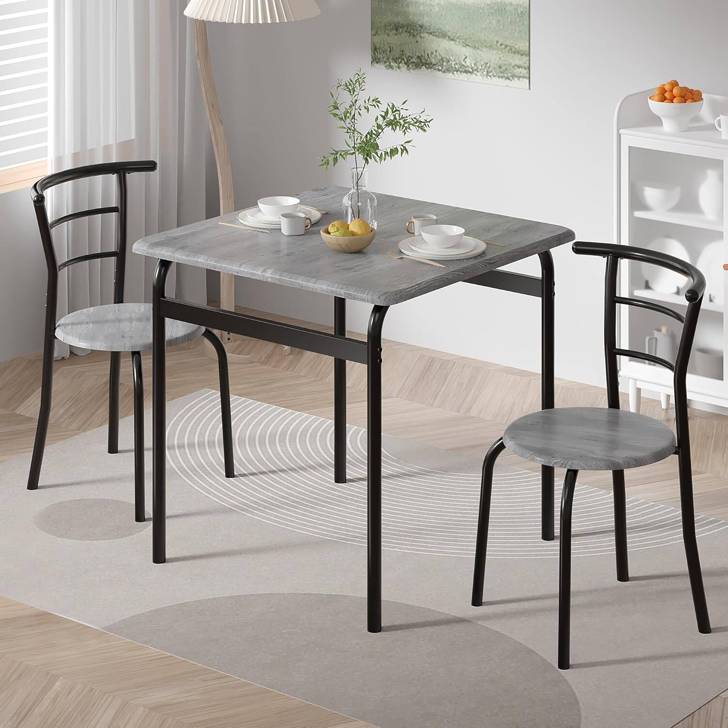 Alt View 1. Vecelo - 3 Piece Dining Table Set for 2, Square Table with 2 Chairs, Compact Kitchen Table Set for Small Spaces, Modern Design - Grey.