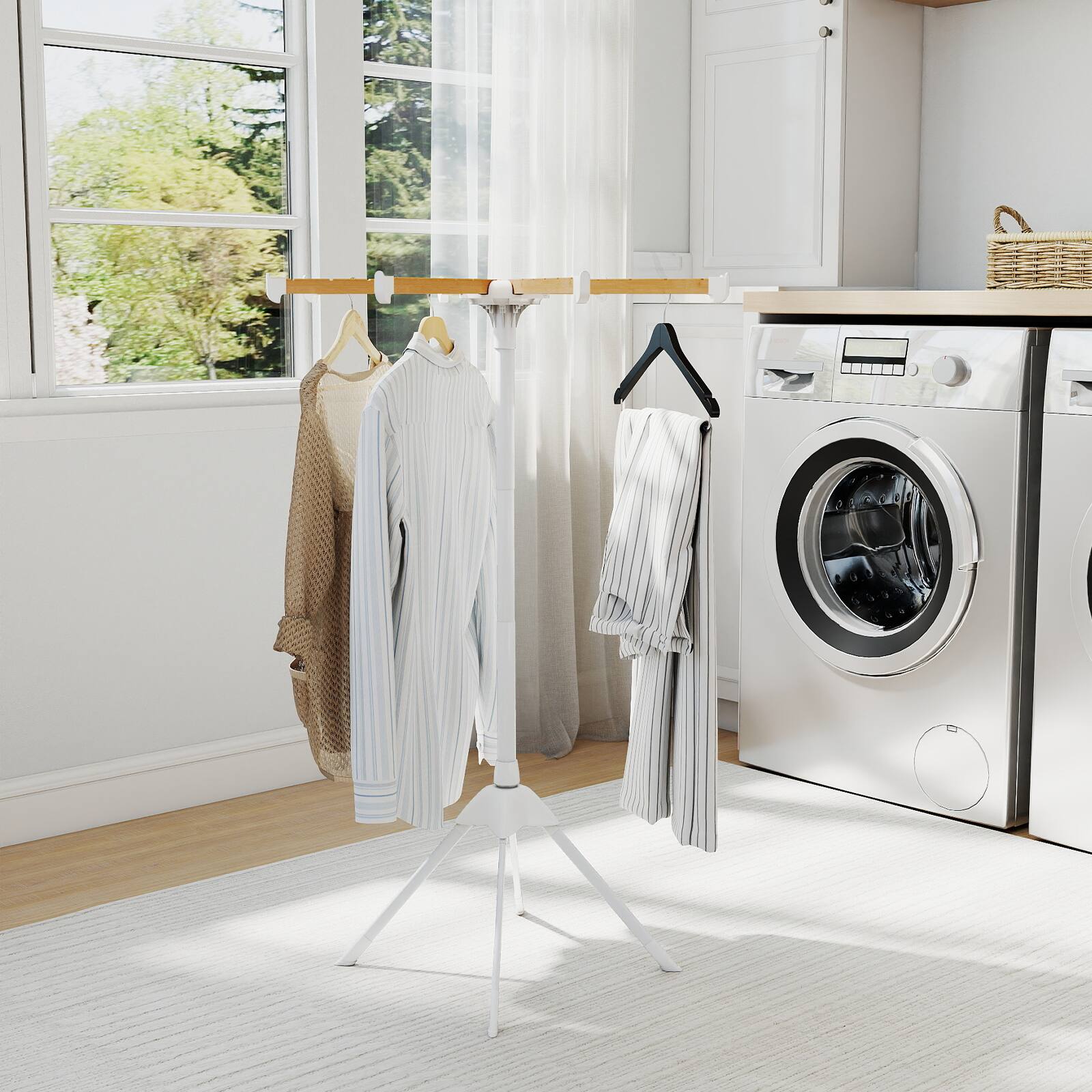 Alt View 1. Gymax - Gymax 4 Legs Clothes Drying Rack w/8 Bamboo Hanging Rods 40 Hanger Slots for Indoor - White.
