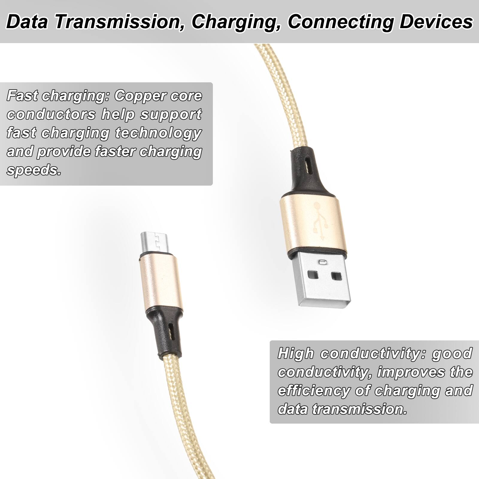 Data Transmission, Charging, Connecting Devices

Fast charging: Copper core conductors help support fast charging technology and provide faster charging speeds.

High conductivity: good conductivity, improves the efficiency of charging and data transmission.