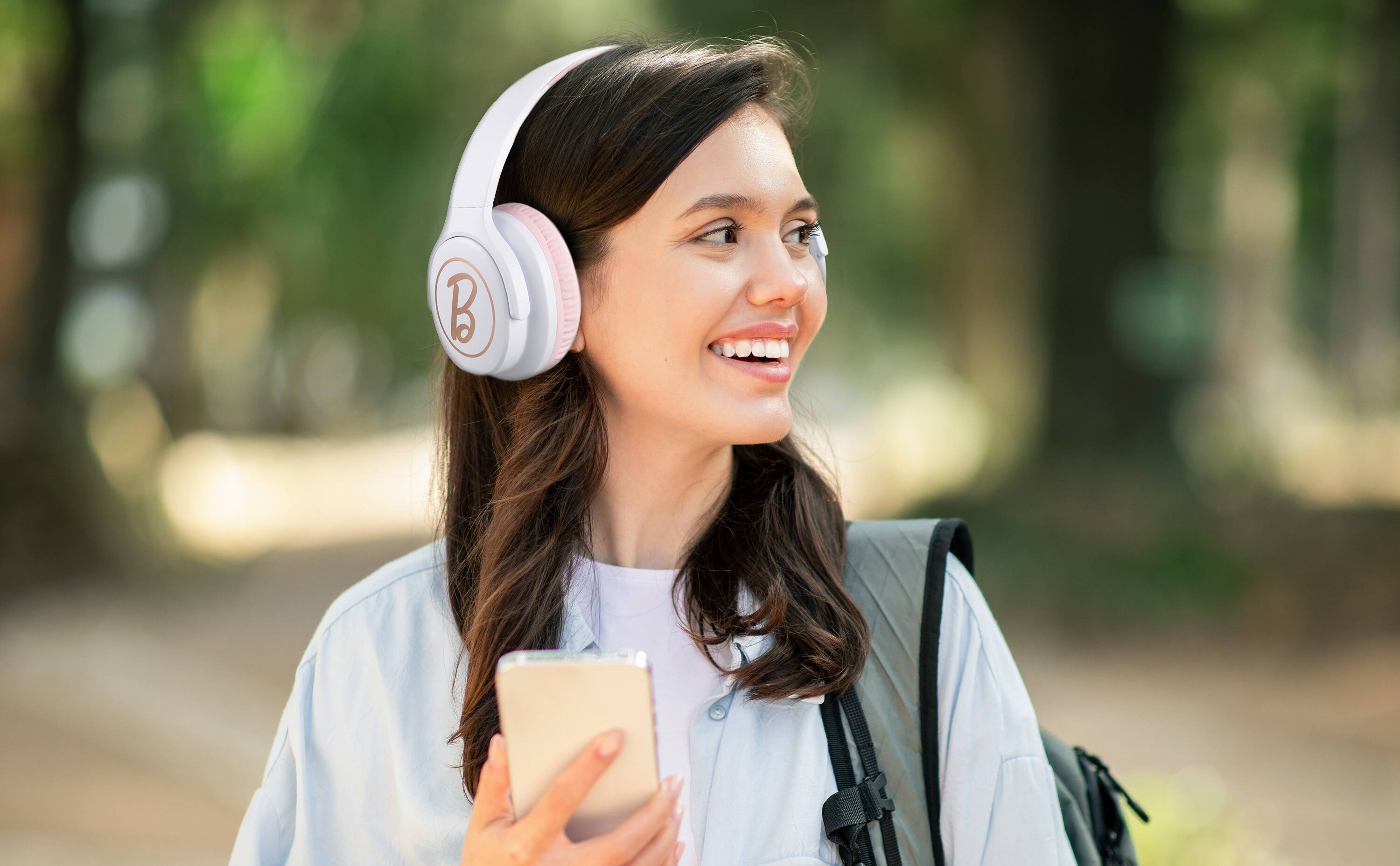 Angle. eKids - eKids Barbie Wireless Headphones for Kids, Bluetooth Headphones for School, Home, or Travel - Pink.