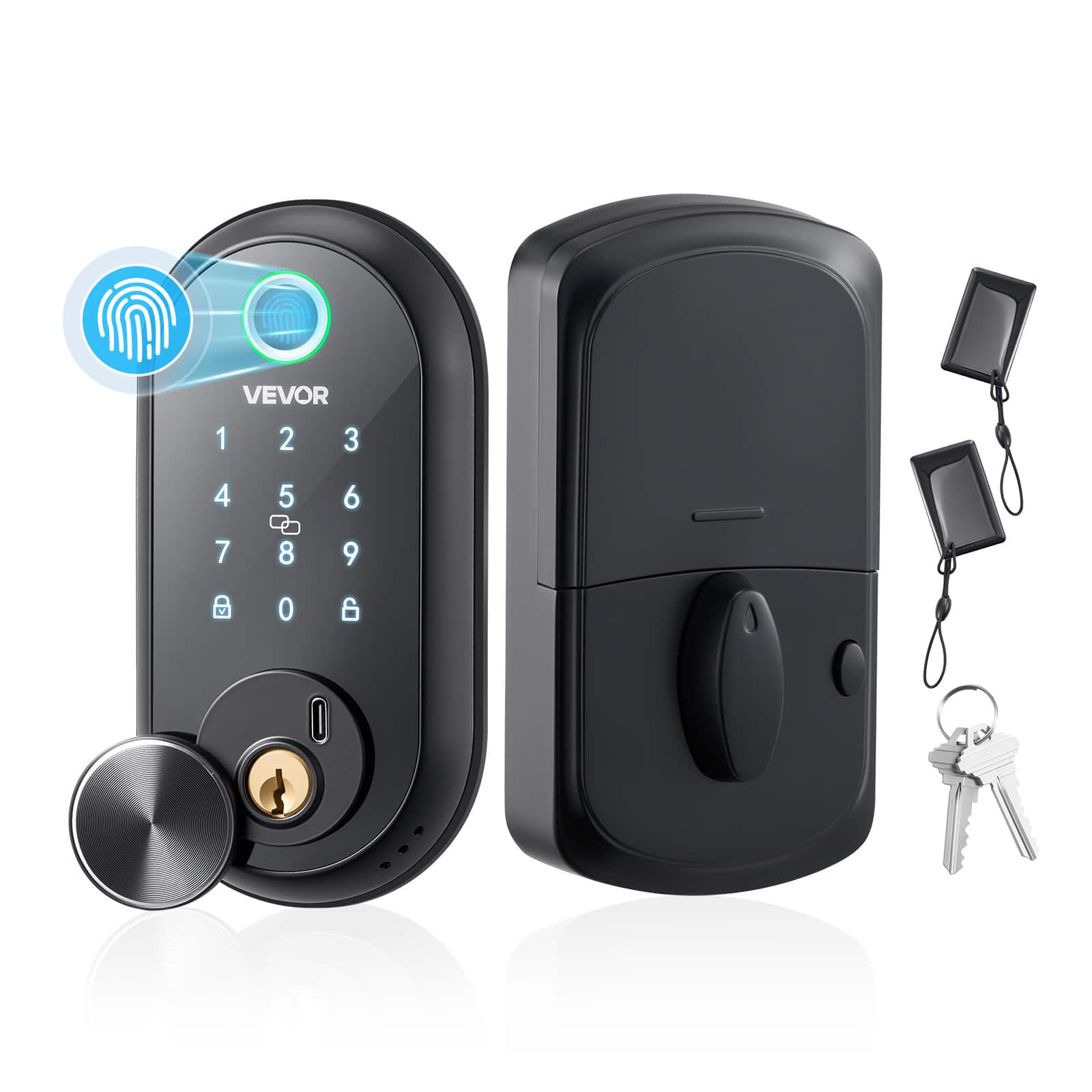 VEVOR - Fingerprint Door Lock, Electronic Biometric Deadbolt with Touchscreen, Auto Locking, One-Time Code,Anti-Peeking Password - Matte Black