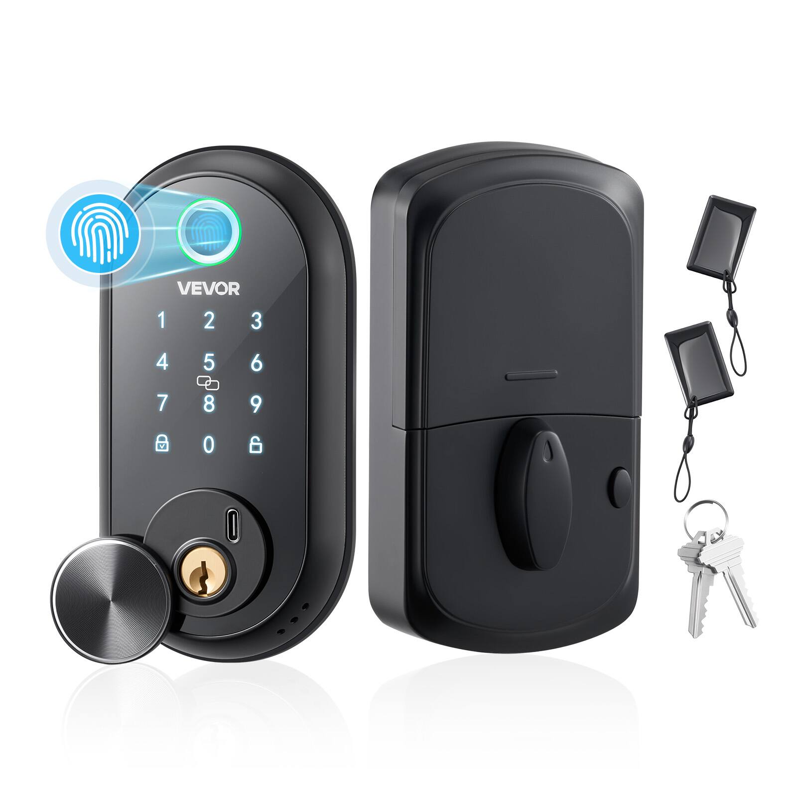 Front. VEVOR - Fingerprint Door Lock, Electronic Biometric Deadbolt with Touchscreen, Auto Locking, One-Time Code,Anti-Peeking Password - Matte black.
