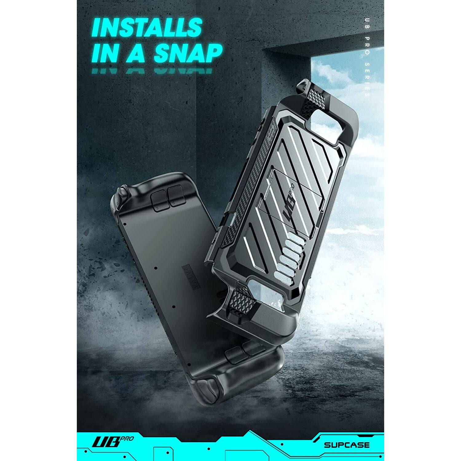 Sure, here is the corrected and grouped text from the image:

---

**INSTALLS IN A SNAP**

**UB PRO SERIES**

**SUPCASE**

---