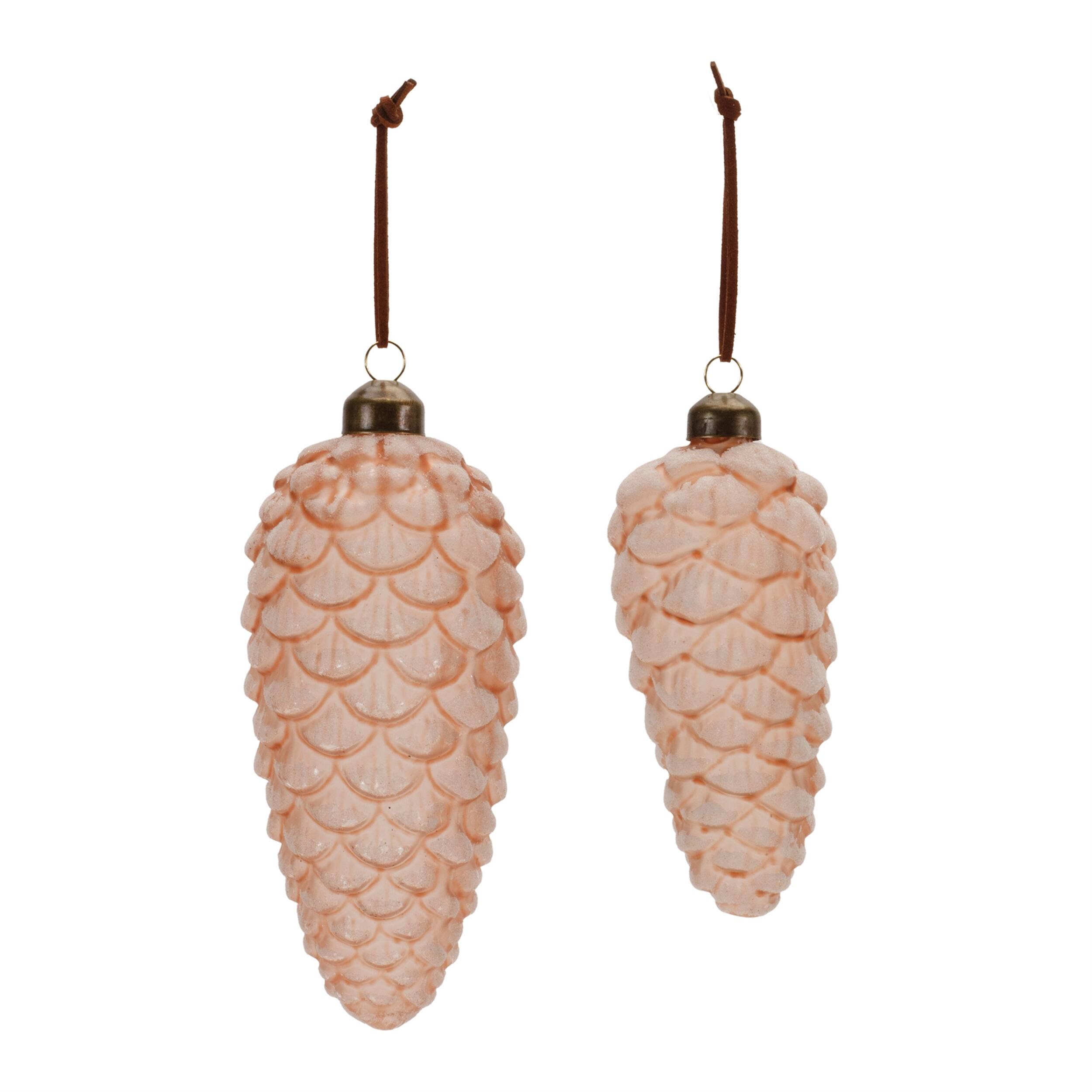 Angle. BreeBe - Frosted Glass Pinecone Drop Ornament (Set of 6) - Pink.