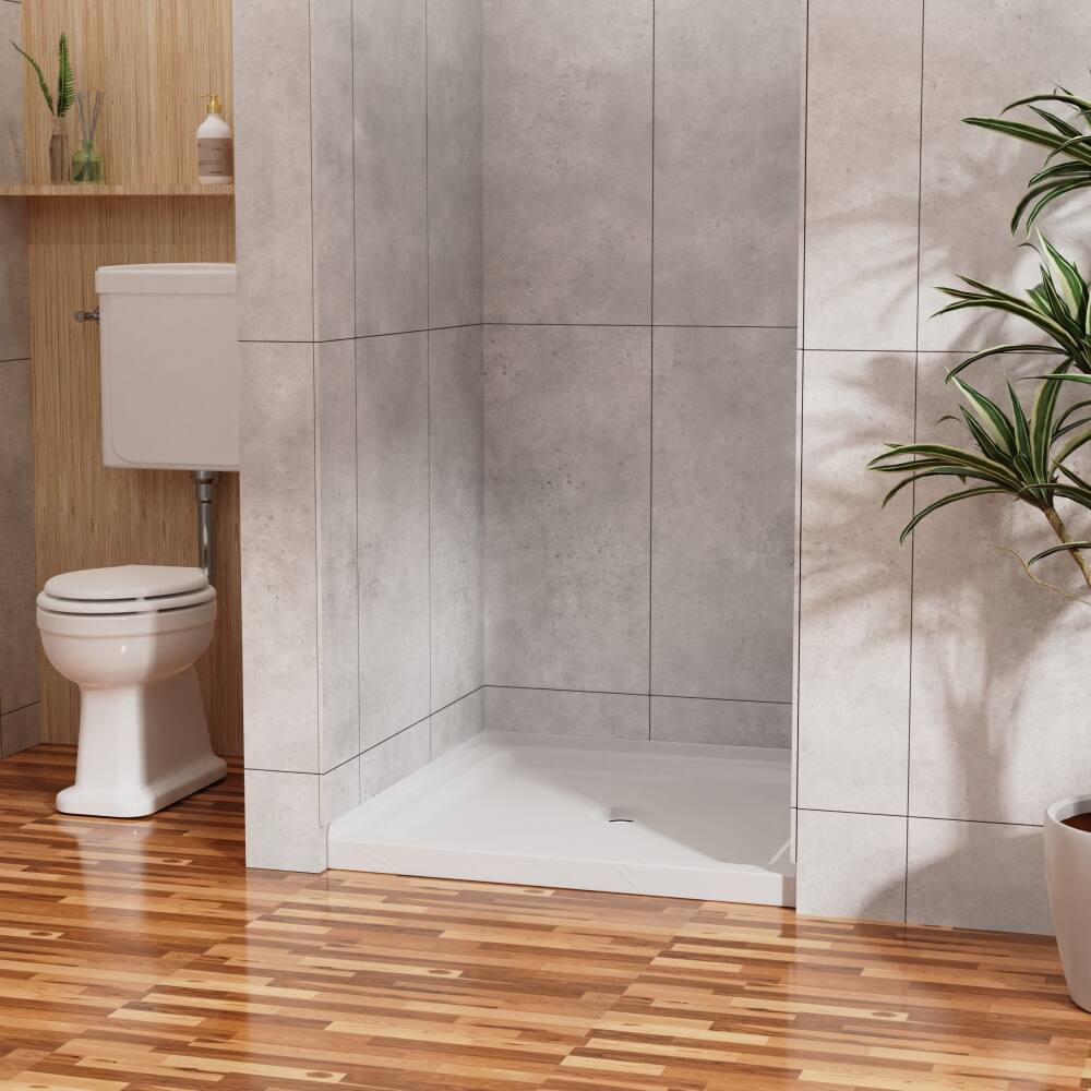 Left. JUJABU - 36"x36" Shower Pan 3.3" Height Single Threshold Shower Base in Slate White, Anti-slip Acrylic, Center Drain - White.