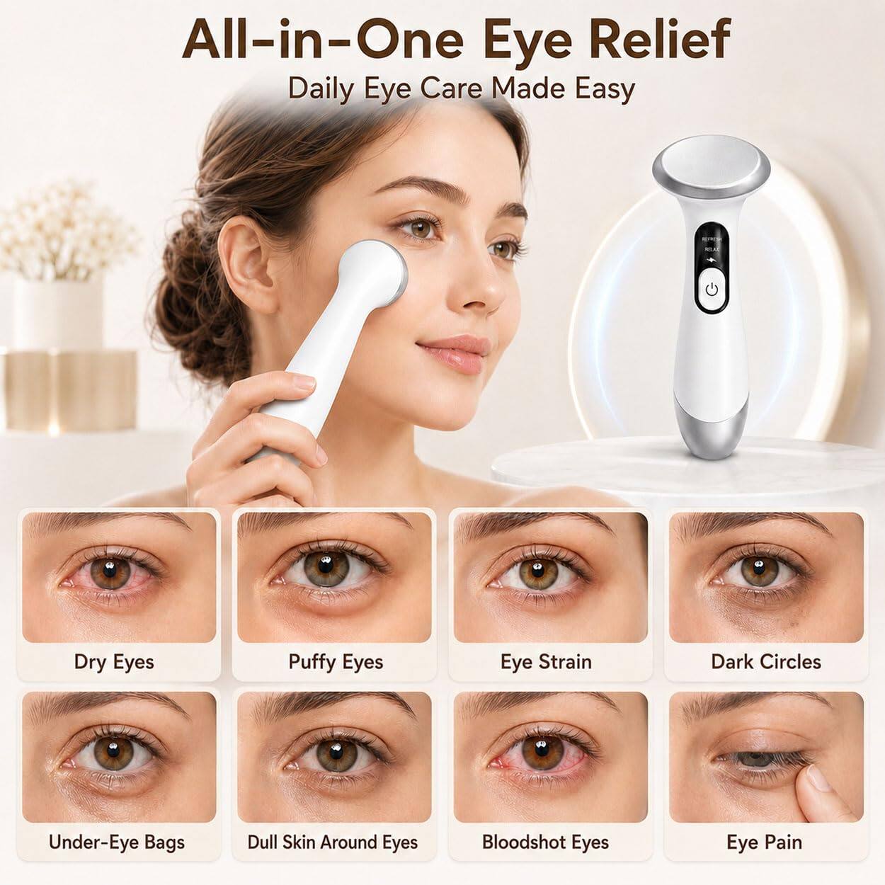 All-in-One Eye Relief  
Daily Eye Care Made Easy  

- Dry Eyes  
- Puffy Eyes  
- Eye Strain  
- Dark Circles  
- Under-Eye Bags  
- Dull Skin Around Eyes  
- Bloodshot Eyes  
- Eye Pain