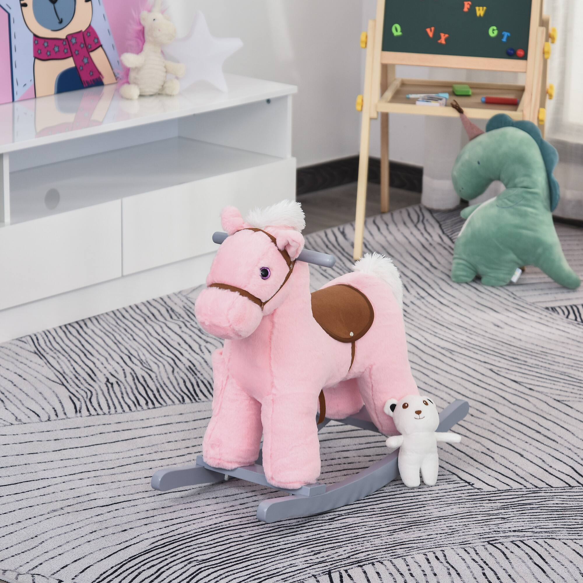 Alt View 1. Glintex - Plush Rocking Horse for Kids with Sounds, Soft Seat, and Wooden Rockers - Pink.