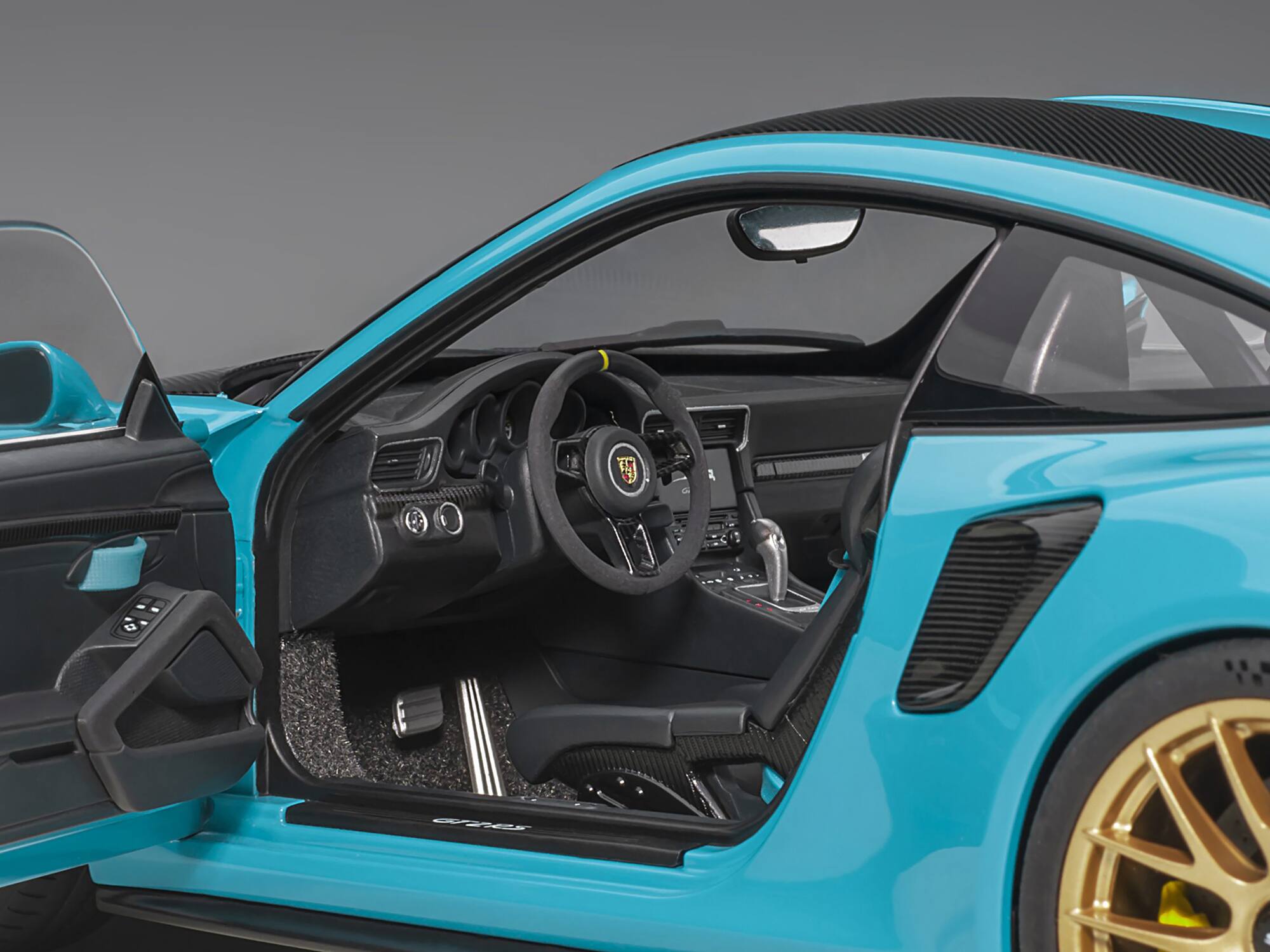 Alt View 2. Autoart - Porsche 911 (991.2) GT2 RS Weissach Package Miami Blue with Carbon Stripes 1/18 Model Car by Autoart.