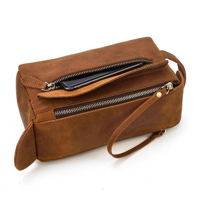Back. Steel Horse Leather - Dado Leather Dopp Kit | Handmade Leather Toiletry Bag - Brown.