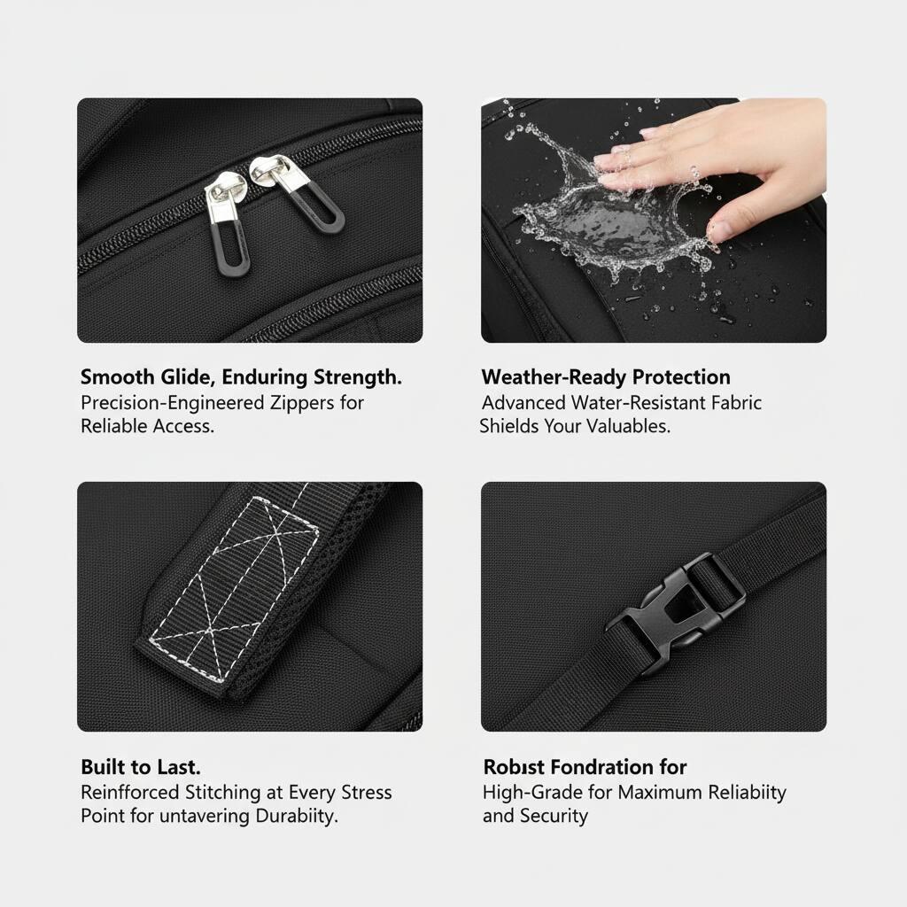 Smooth Glide, Enduring Strength.  
Precision-Engineered Zippers for Reliable Access.  

Weather-Ready Protection  
Advanced Water-Resistant Fabric Shields Your Valuables.  

Built to Last.  
Reinforced Stitching at Every Stress Point for Unwavering Durability.  

Robust Foundation for  
High-Grade for Maximum Reliability and Security