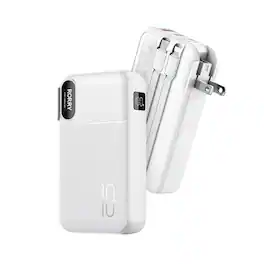 RORRY - 10000mAh 3-in-1 Portable Charger, 22.5W Power Bank with Wall Plug, Built-in Cables, LCD, for iPhone & Android - White