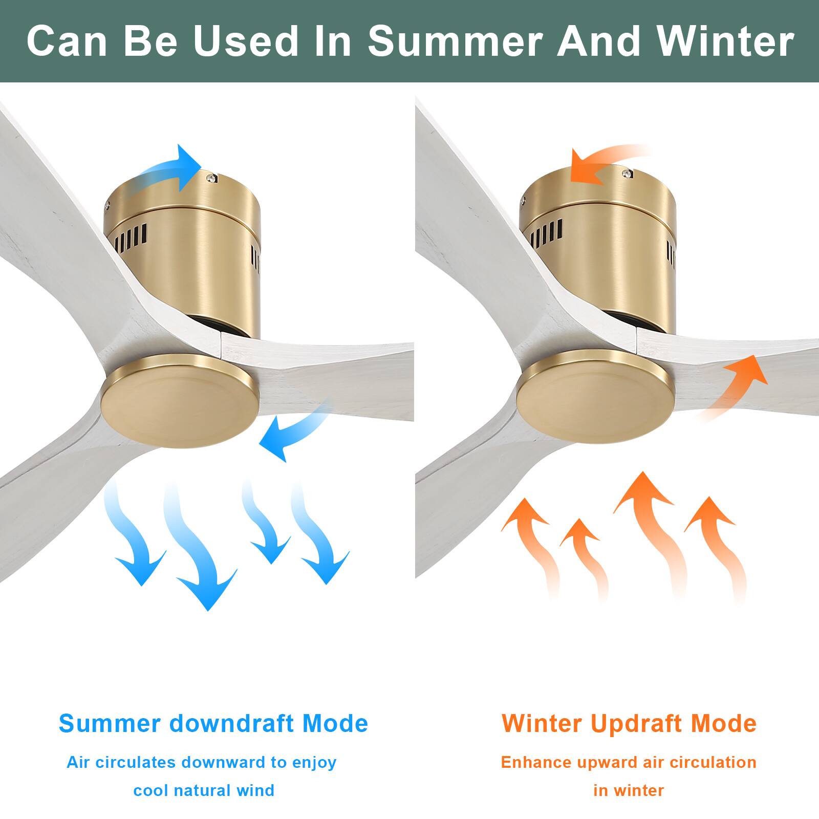 Can Be Used In Summer And Winter

Summer downdraft Mode  
Air circulates downward to enjoy cool natural wind

Winter Updraft Mode  
Enhance upward air circulation in winter