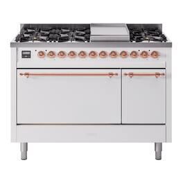 ILVE - Nostalgie II Series 48 in. Dual Fuel Range with 8 Sealed Burners + Griddle (Liquid Propane, Copper Trim) - White