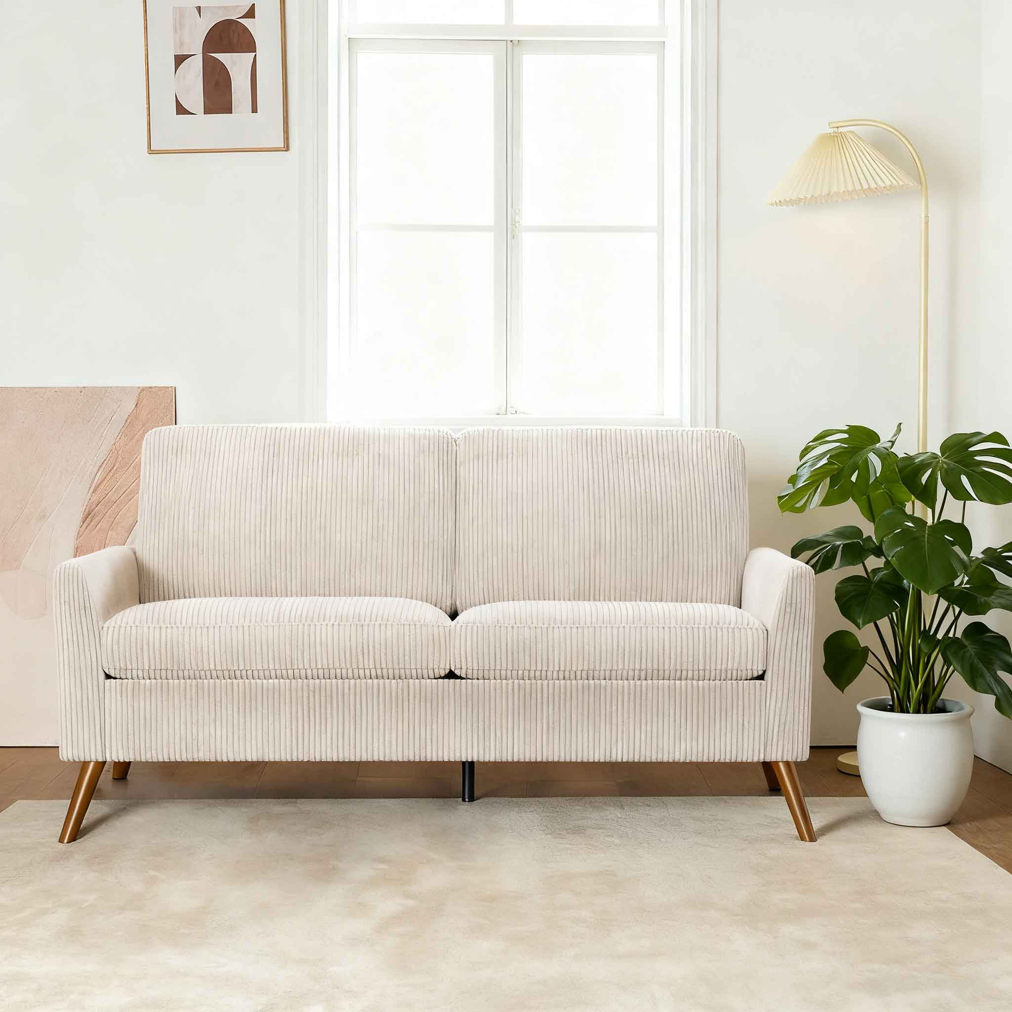 Vipbear - 68" Loveseat Sofa,Tool-Free Setup Small Couches, Small Couches for Bedroom Office,White Corduroy - Beige