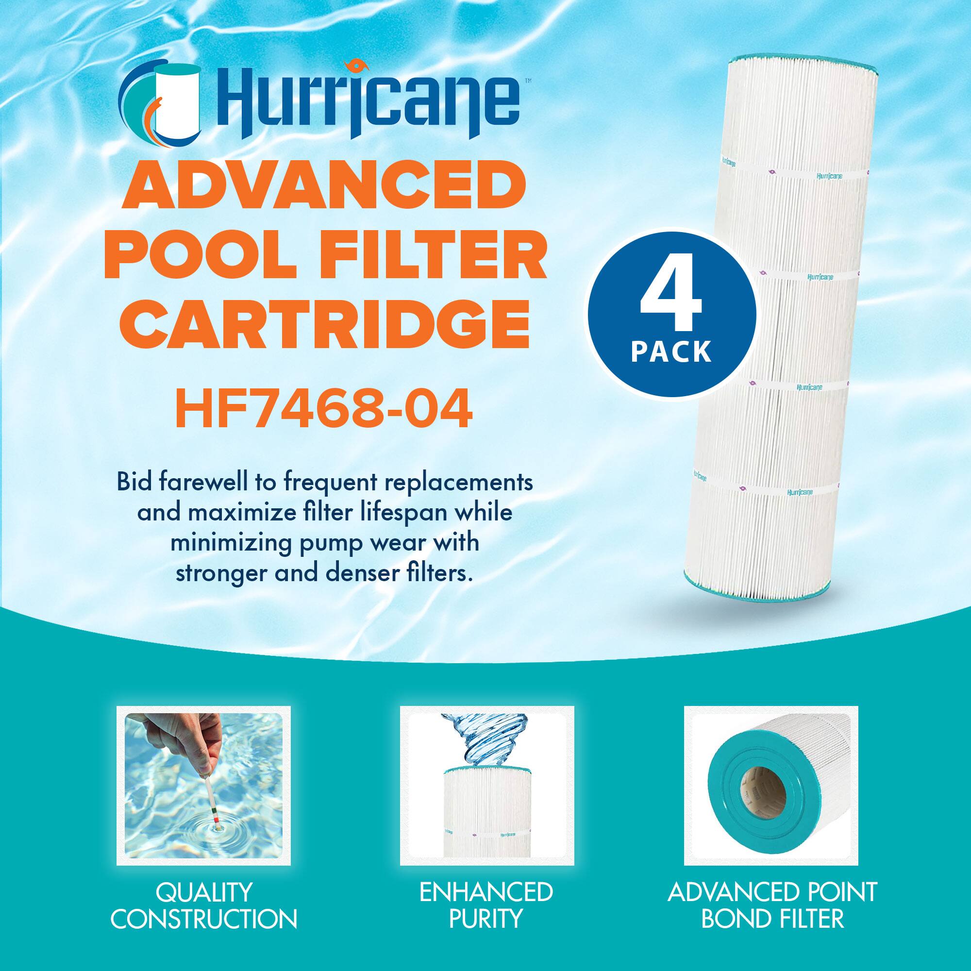 Hurricane ADVANCED POOL FILTER CARTRIDGE 4 PACK HF7468-04

Bid farewell to frequent replacements and maximize filter lifespan while minimizing pump wear with stronger and denser filters.

QUALITY CONSTRUCTION
ENHANCED PURITY
ADVANCED POINT BOND FILTER