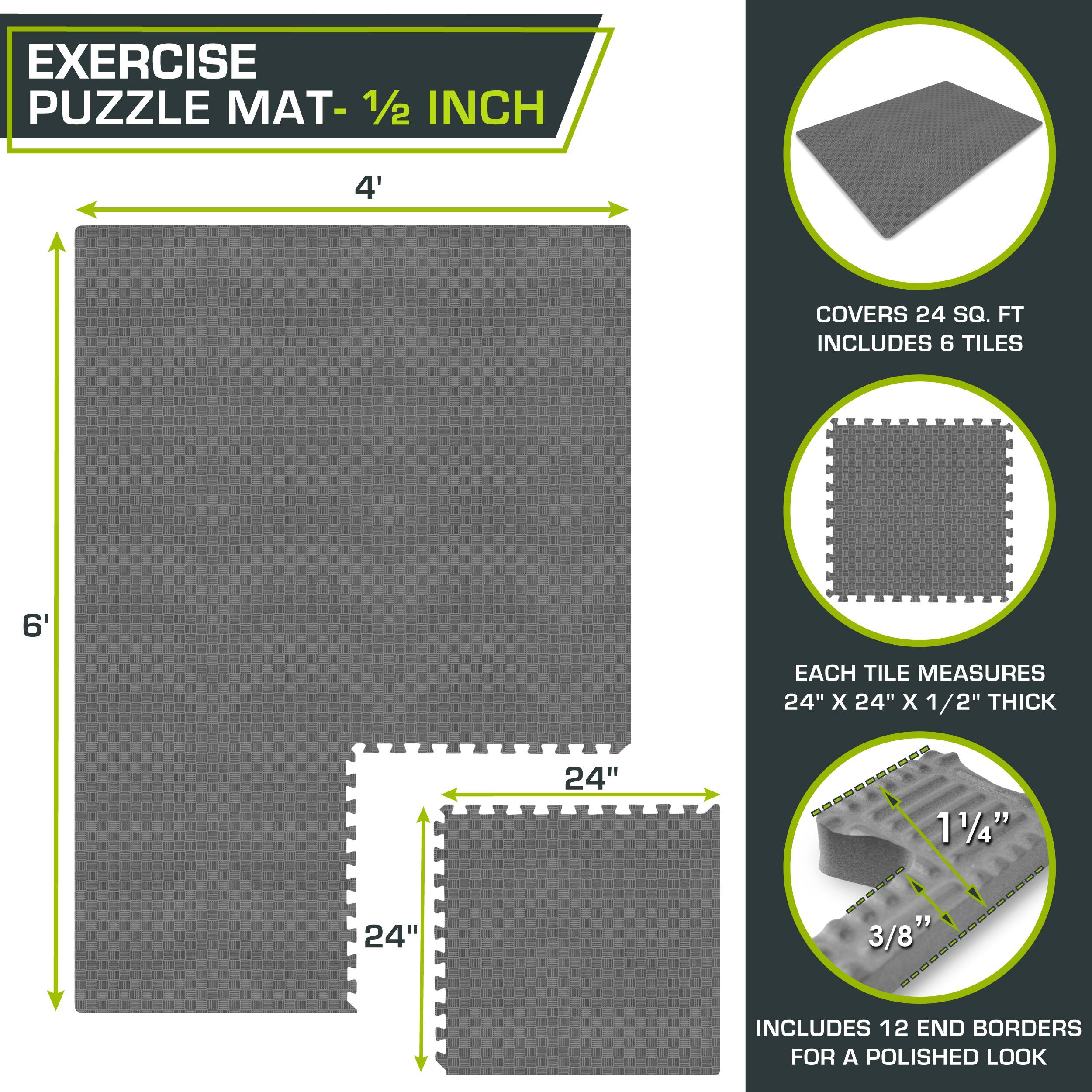The corrected text is:

"Exercise Puzzle Mat - 1/2 Inch
4' x 6' Covers 24 Sq. Ft.
Includes 6 Tiles, Each Tile Measures 24" x 24" x 1/2" Thick
Includes 12 End Borders for a Polished Look"