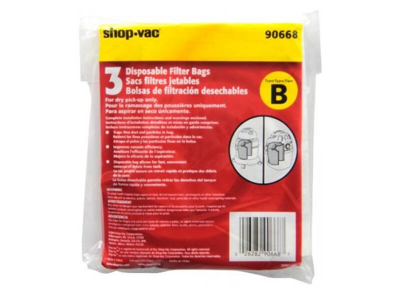 shop-vac 90668 Disposable Filter Bags 3 Sacs filtres jetables Bolsas de filtración desechables For dry pick-up only. Pour le ramassage des poussières uniquement. Para aspirar en seco únicamente. Complete installation instructions and warnings enclosed. Instructions d'installation et d'entretien Incluye instrucciones completas de instalación y advertencias. Dust and particles in bag Retient les fines poussières y las particulas finas en le bole Improves Vacuum efficiency Améliore l'efficacité de l'aspirateur Mejora la eficacia de la aspiración Disposable bag o for fast removal of debris from the tank Le sac jetable permet retirer les desechos del tanque de rapida y B