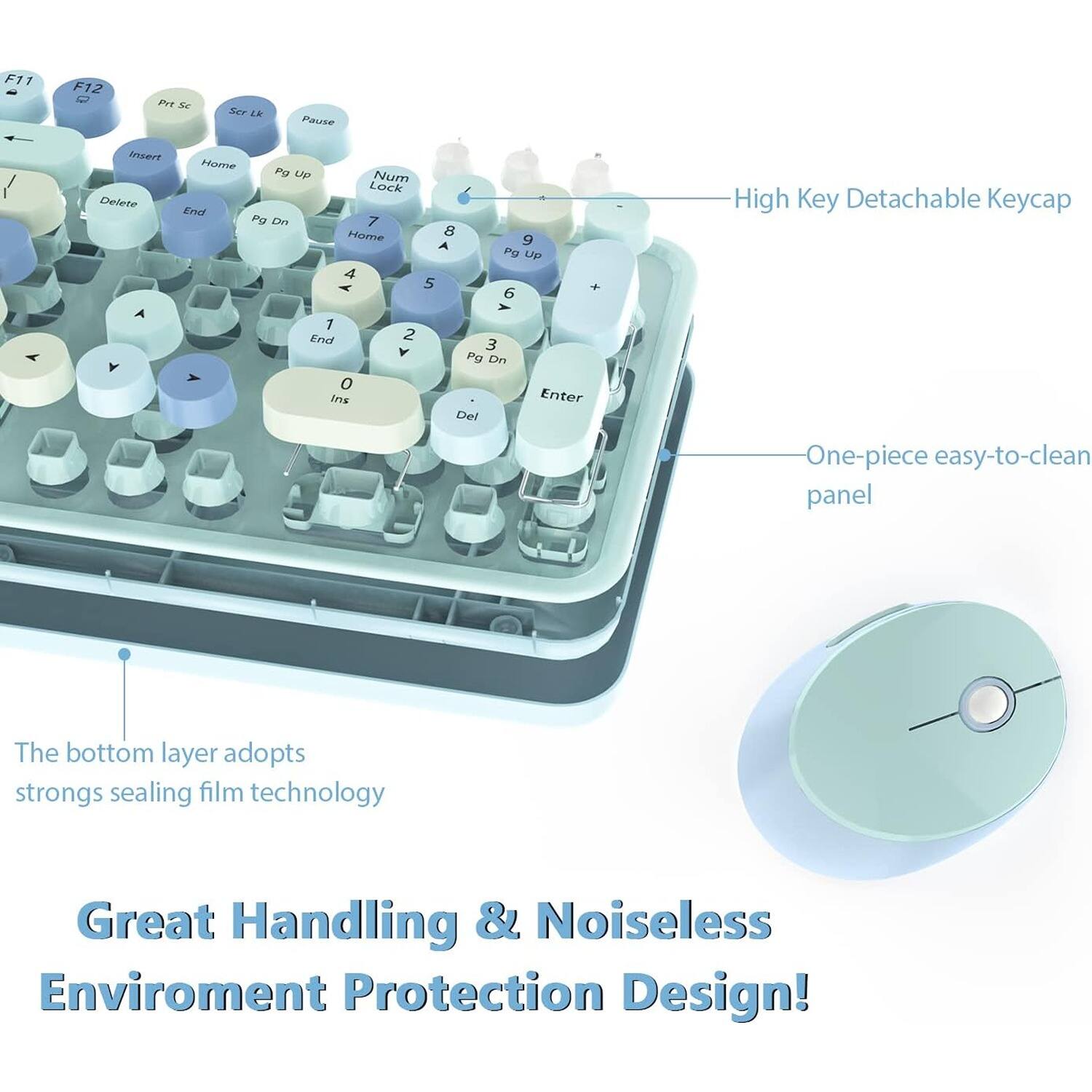 F11 - F12  
C P s Set LE Pause Y Trkani Delete A A Home Po UP Num Lock End PO on 7 Home 8 A 9 Pg UP 4 5 - 6 1 End 2 Y 3 Pg Dn A 0 Ims Enter Del  

High Key Detachable Keycap  
One-piece easy-to-clean panel  
The bottom layer adopts strongs sealing film technology  

Great Handling & Noiseless Environment Protection Design!