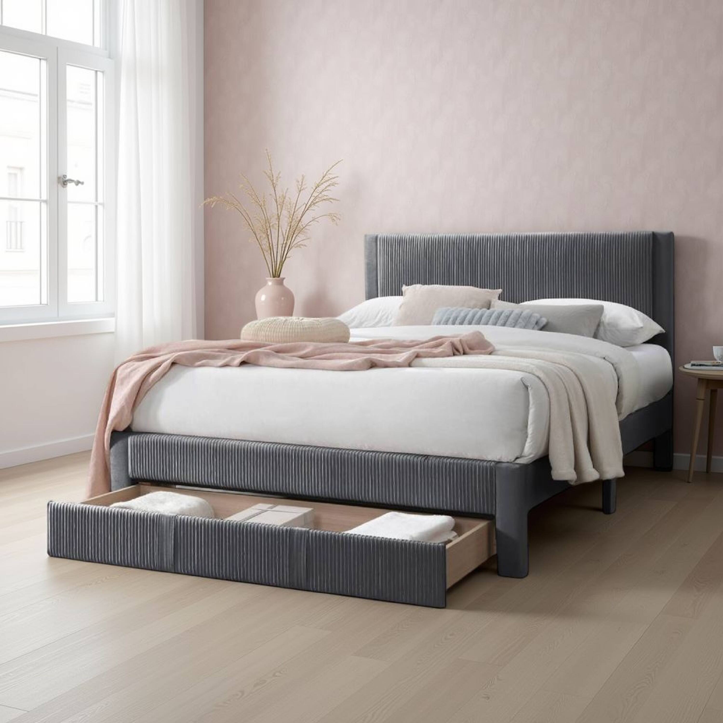 Alt View 5. Manhattan Lane - Peo Queen Size Bed w Storage Drawer, Charcoal Gray Corduroy Upholstery - Charcoal Gray.