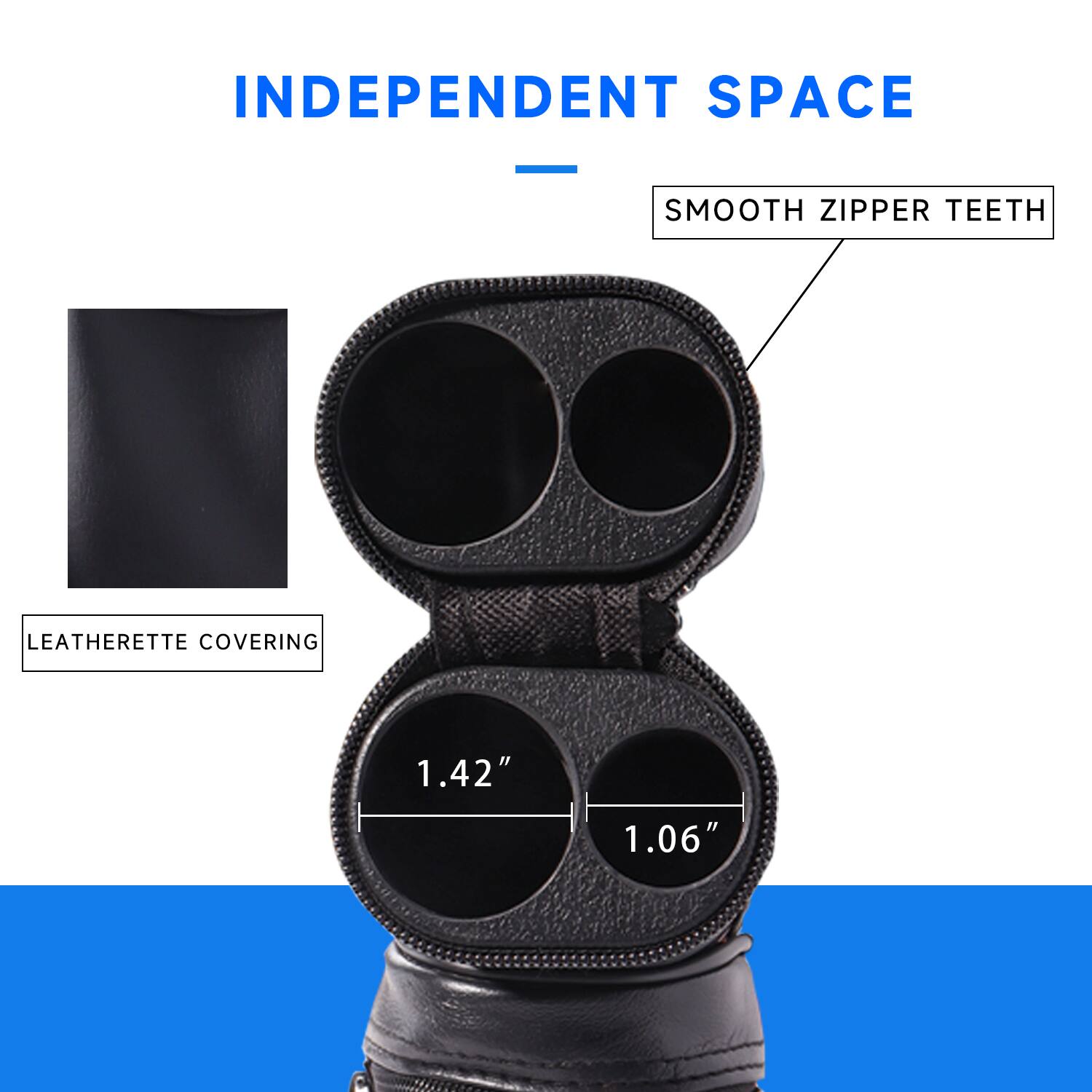 INDEPENDENT SPACE
LEATHERETTE COVERING
SMOOTH ZIPPER TEETH
1.42"
1.06"