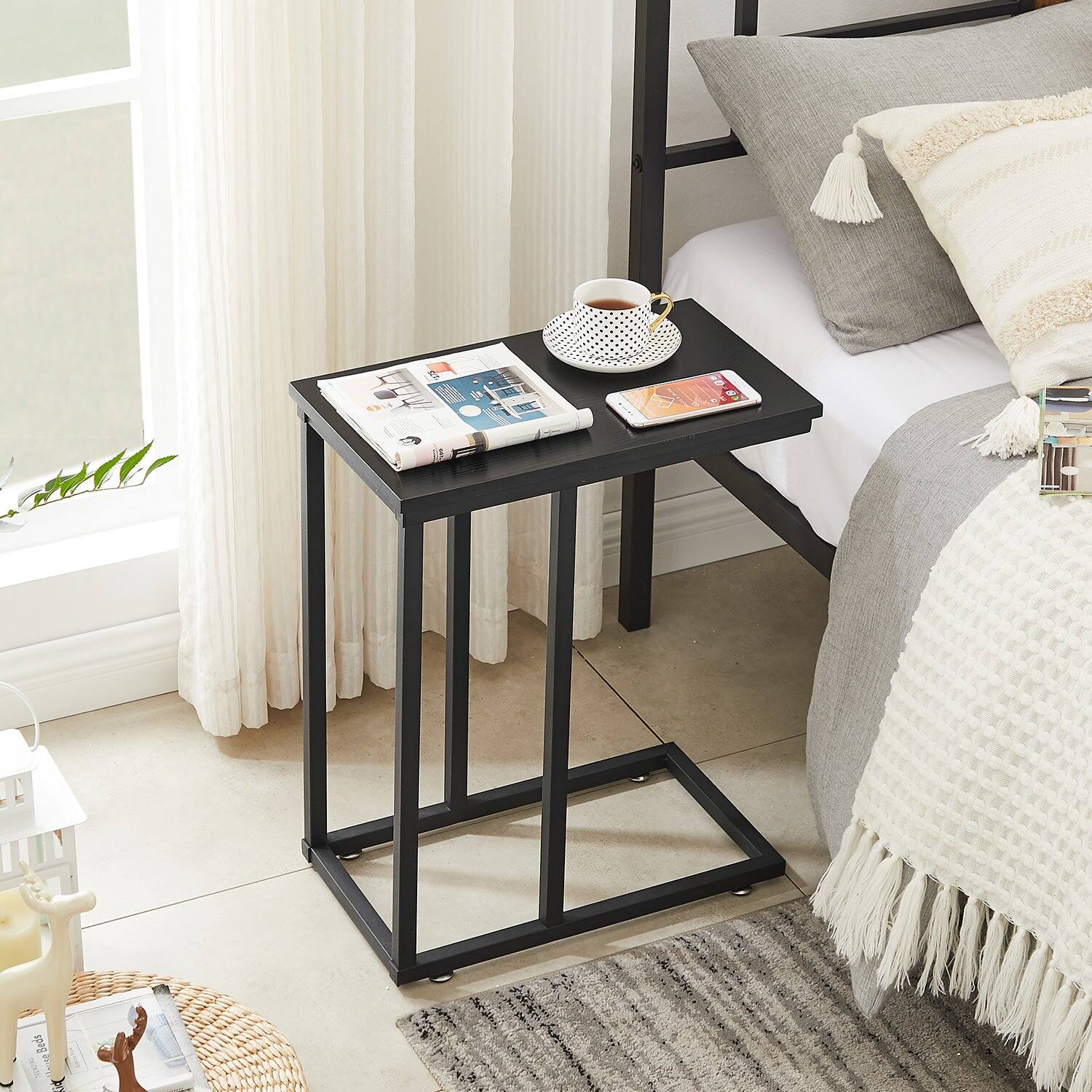 Alt View 4. Vecelo - 2Pack C Shaped End Table for Small Spaces, Sofa Side Table with Metal Frame, Easy to Assemble Snack Table - 1Pcs*Black.