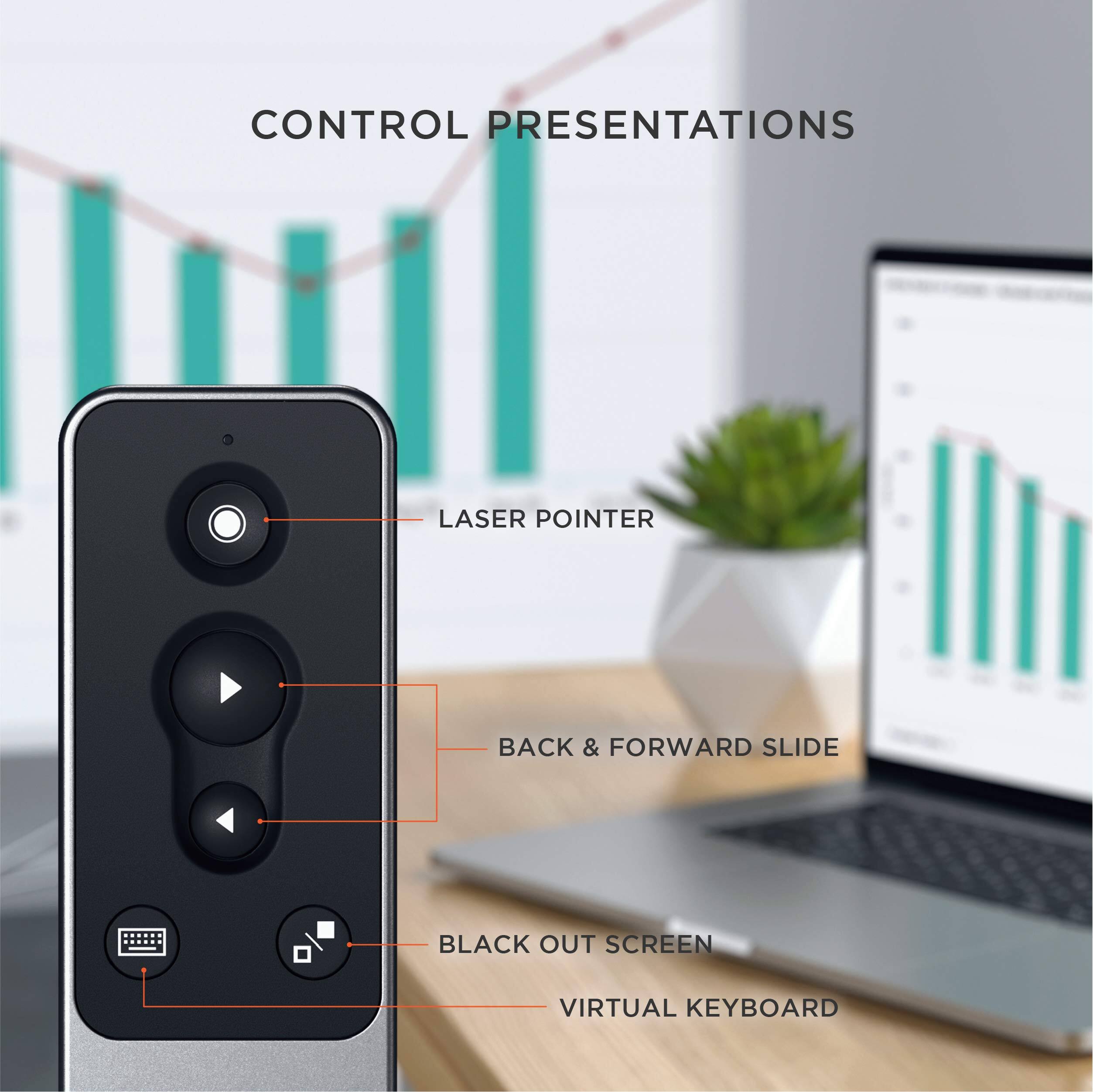 CONTROL PRESENTATIONS

- LASER POINTER
- BACK & FORWARD SLIDE
- BLACK OUT SCREEN
- VIRTUAL KEYBOARD