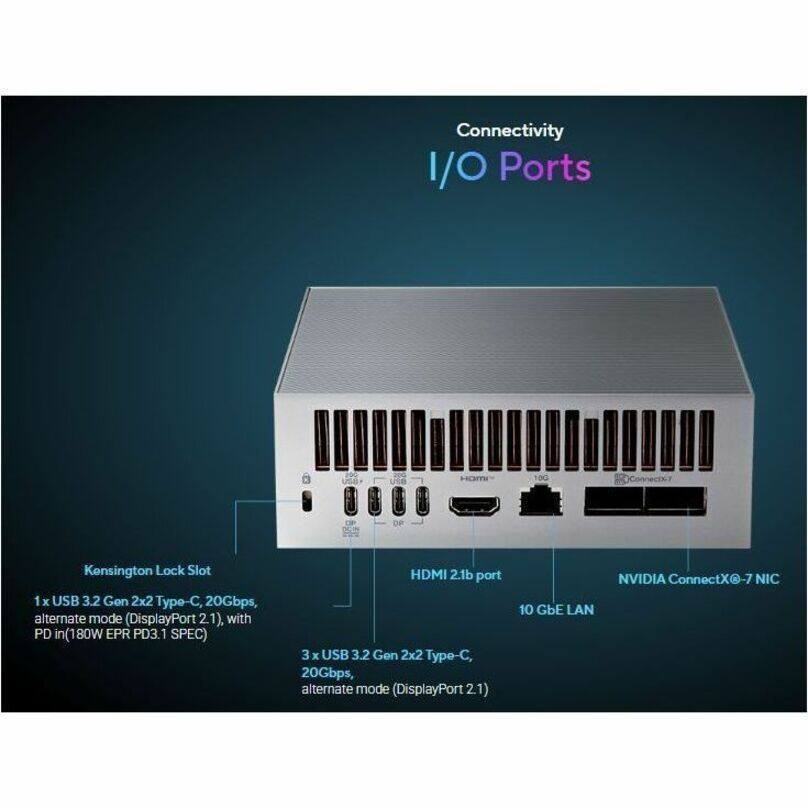 Connectivity I/O Ports

- Kensington Lock Slot
- 1 x USB 3.2 Gen 2x2 Type-C, 20Gbps, alternate mode (DisplayPort 2.1), with PD in (180W EPR PD3.1 SPEC)
- HDMI 2.1b port
- 3 x USB 3.2 Gen 2x2 Type-C, 20Gbps, alternate mode (DisplayPort 2.1)
- 10 GbE LAN
- NVIDIA ConnectX@-7 NIC
