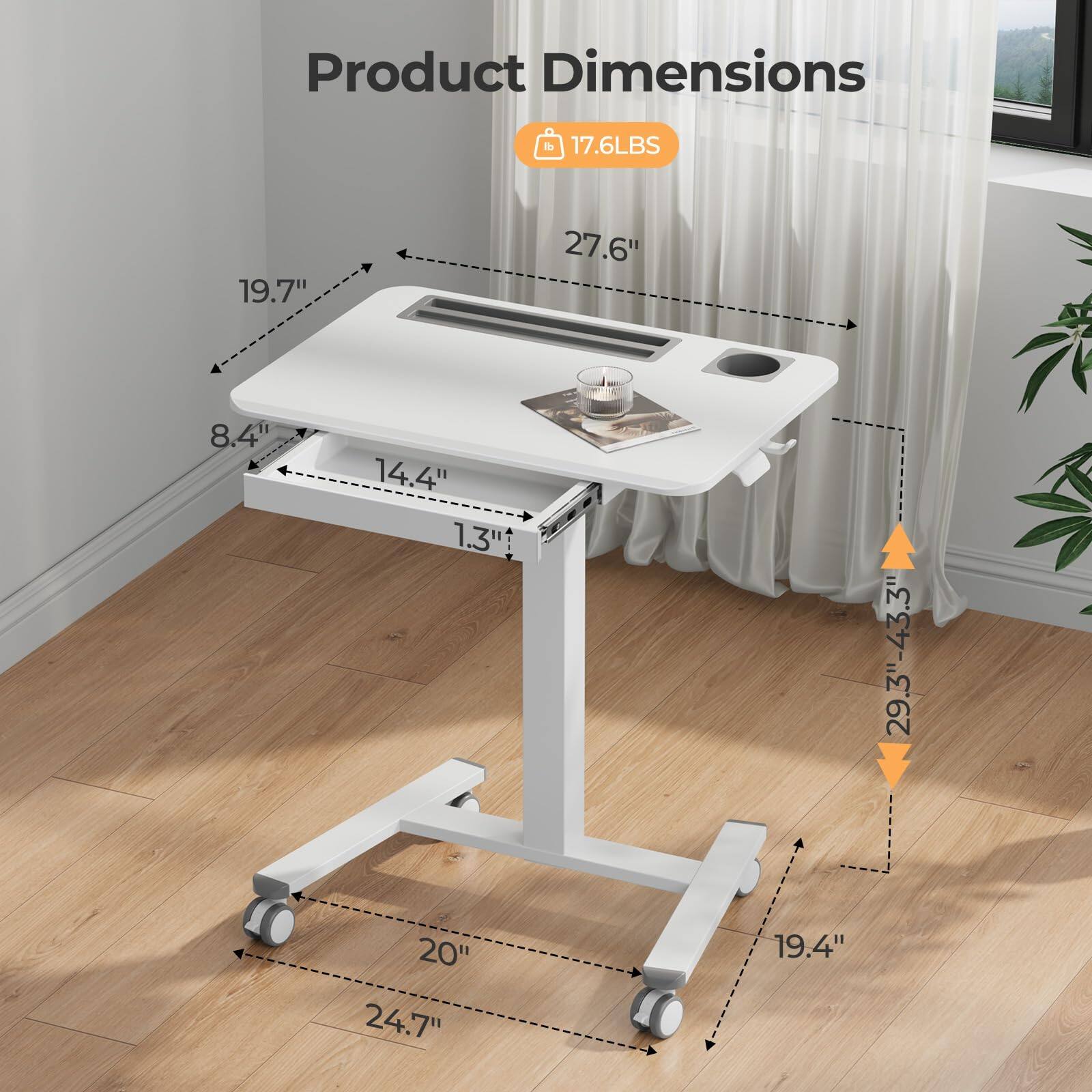 Product Dimensions  
17.6 LBS  
19.7" x 27.6" x 8.4"  
14.4" x 1.3"  
29.3" - 43.3"  
20" x 24.7" x 19.4"