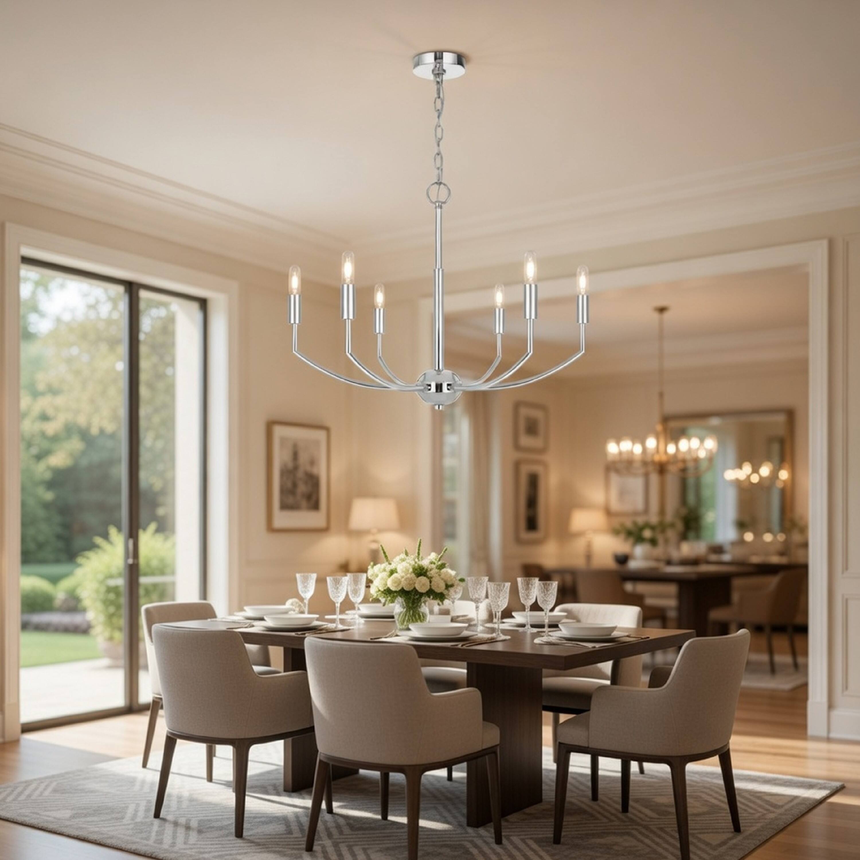 Alt View 4. Manhattan Lane - Kera 6 Light Candelabra Chandelier, 26 Inch XL Modern Chrome Metal - Chrome.