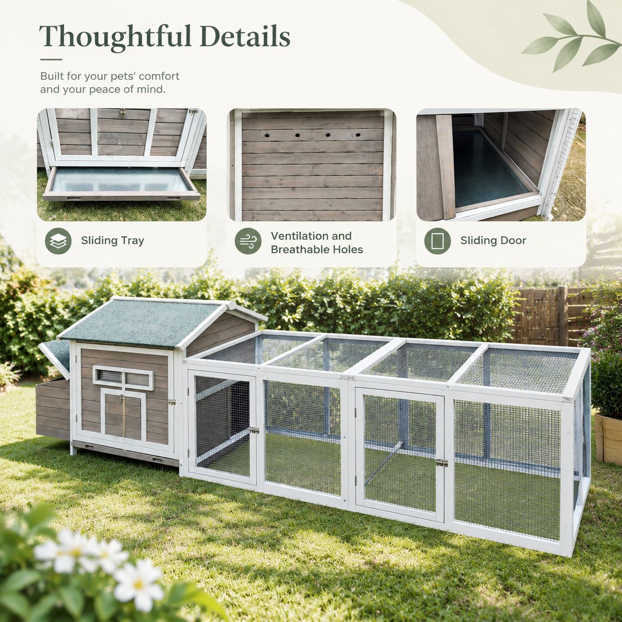 Thoughtful Details  
Built for your pets' comfort and your peace of mind.  

- Sliding Tray  
- Ventilation and Breathable Holes  
- Sliding Door
