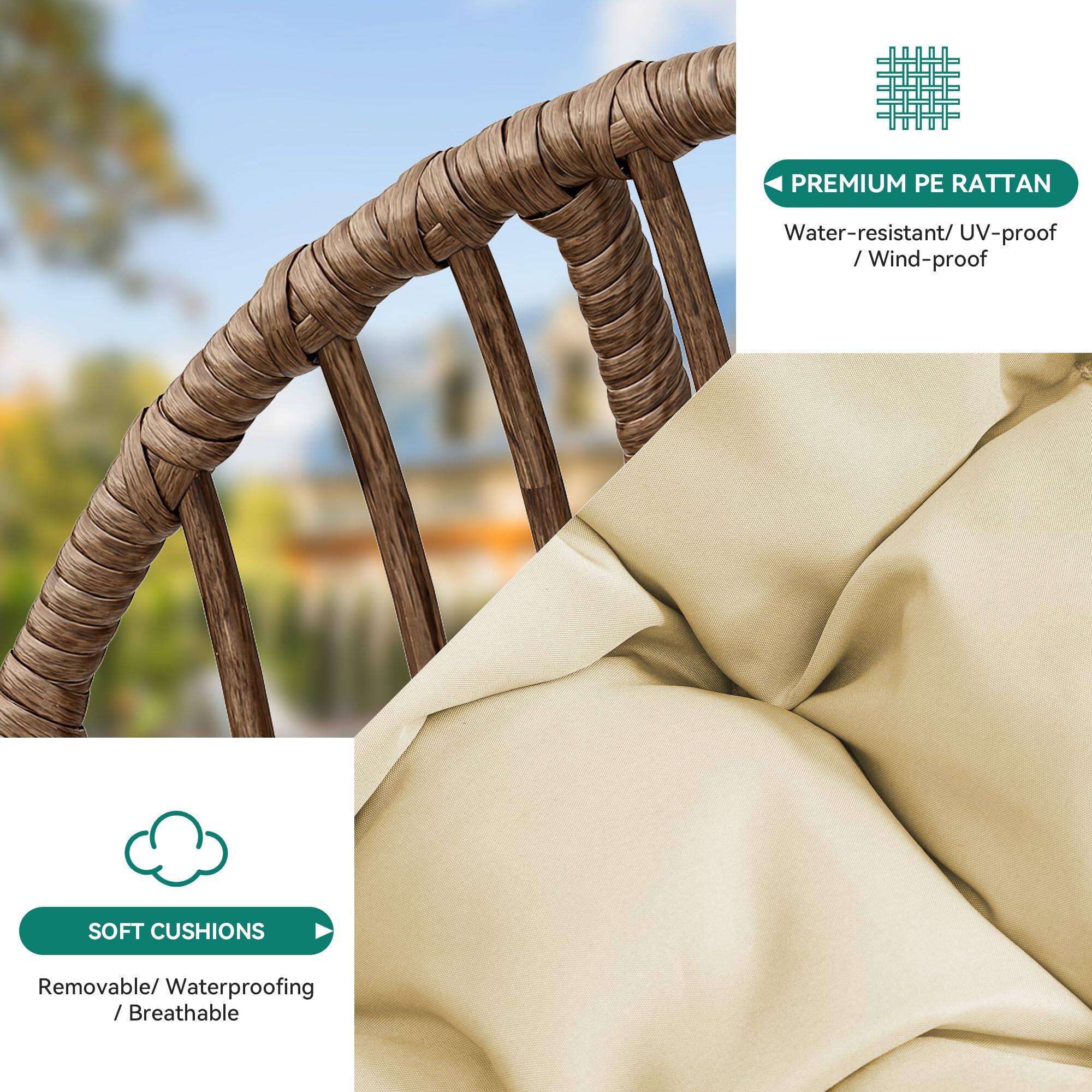 **PREMIUM PE RATTAN**  
Water-resistant / UV-proof / Wind-proof

**SOFT CUSHIONS**  
Removable / Waterproofing / Breathable