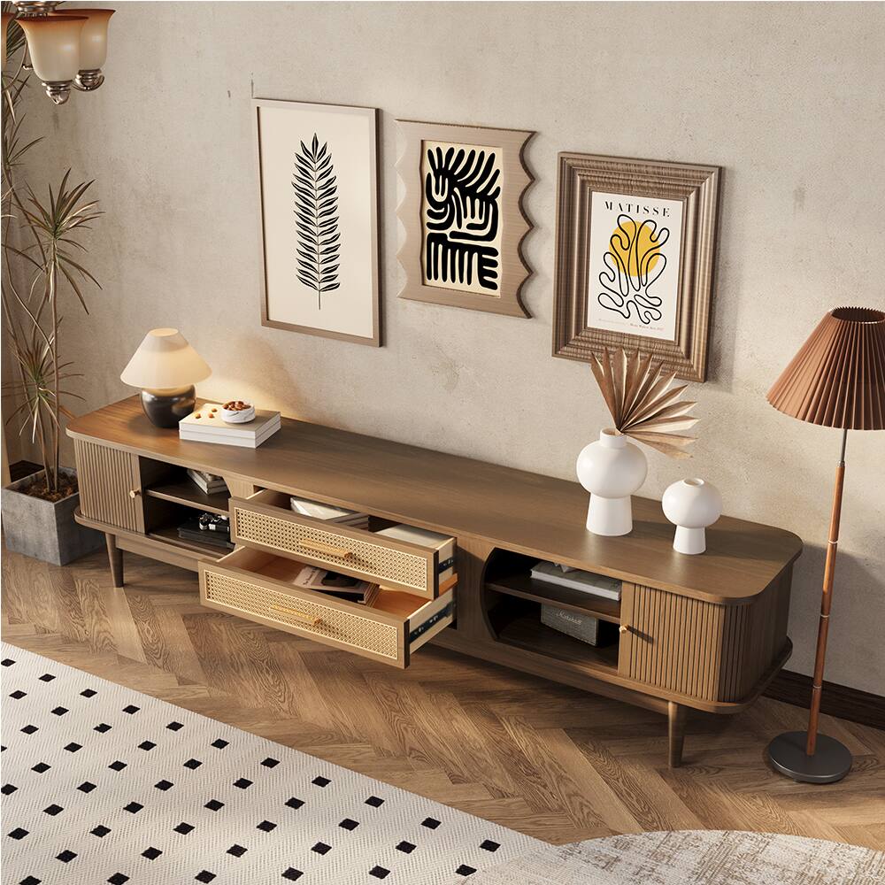Alt View 3. POVISON - 78.74" Mid-Century Woven Rattan TV Stand, Fluted TV Stand, Walnut Color TV Console with Storage,Perfect for 75-in TVs - Walnut Color.