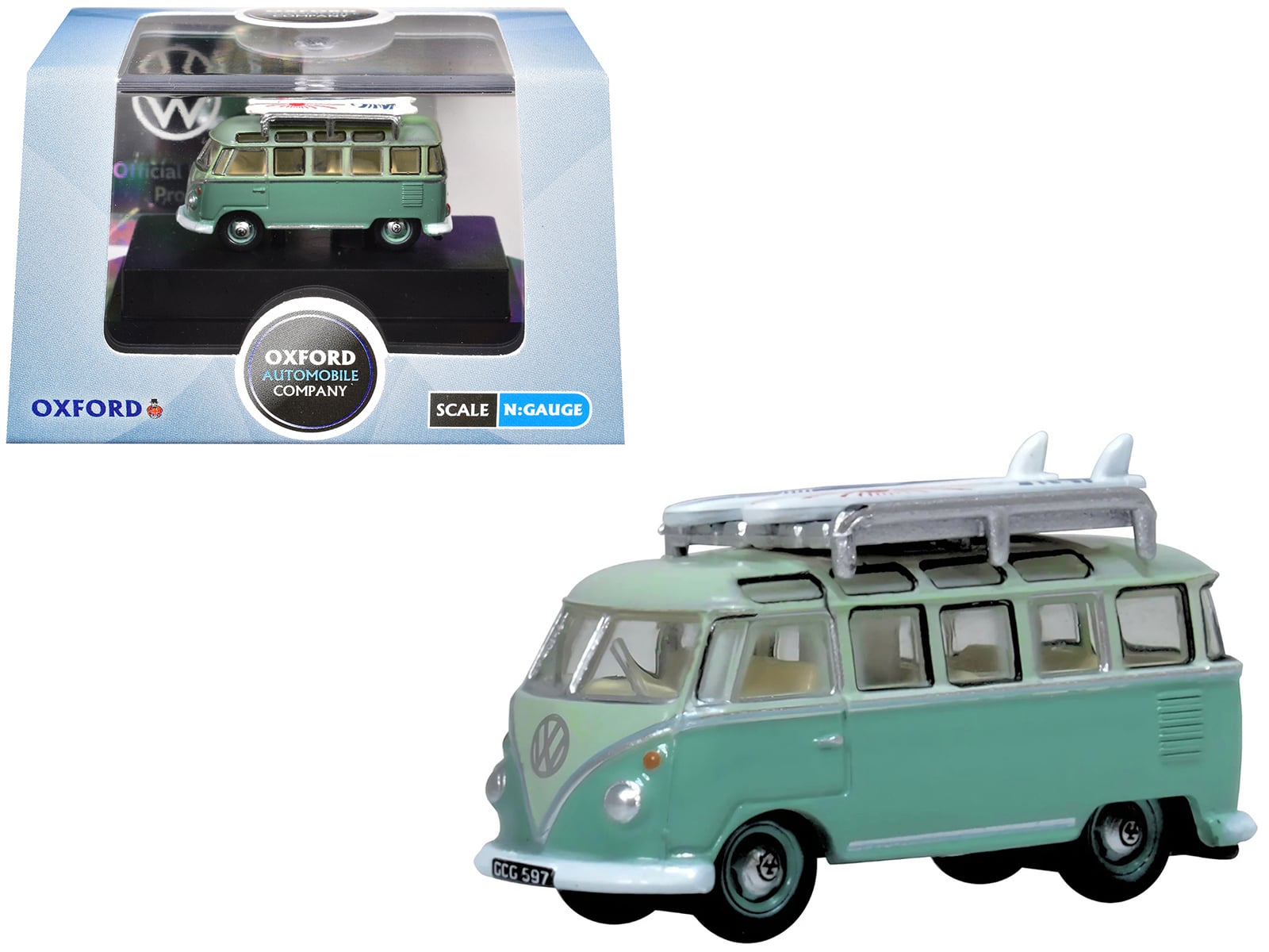 Oxford Diecast - Volkswagen T1 Samba Bus RHD (Right Hand Drive) with Surfboards on Roof Rack 1/148 (N) Scale - Green Two-Tone