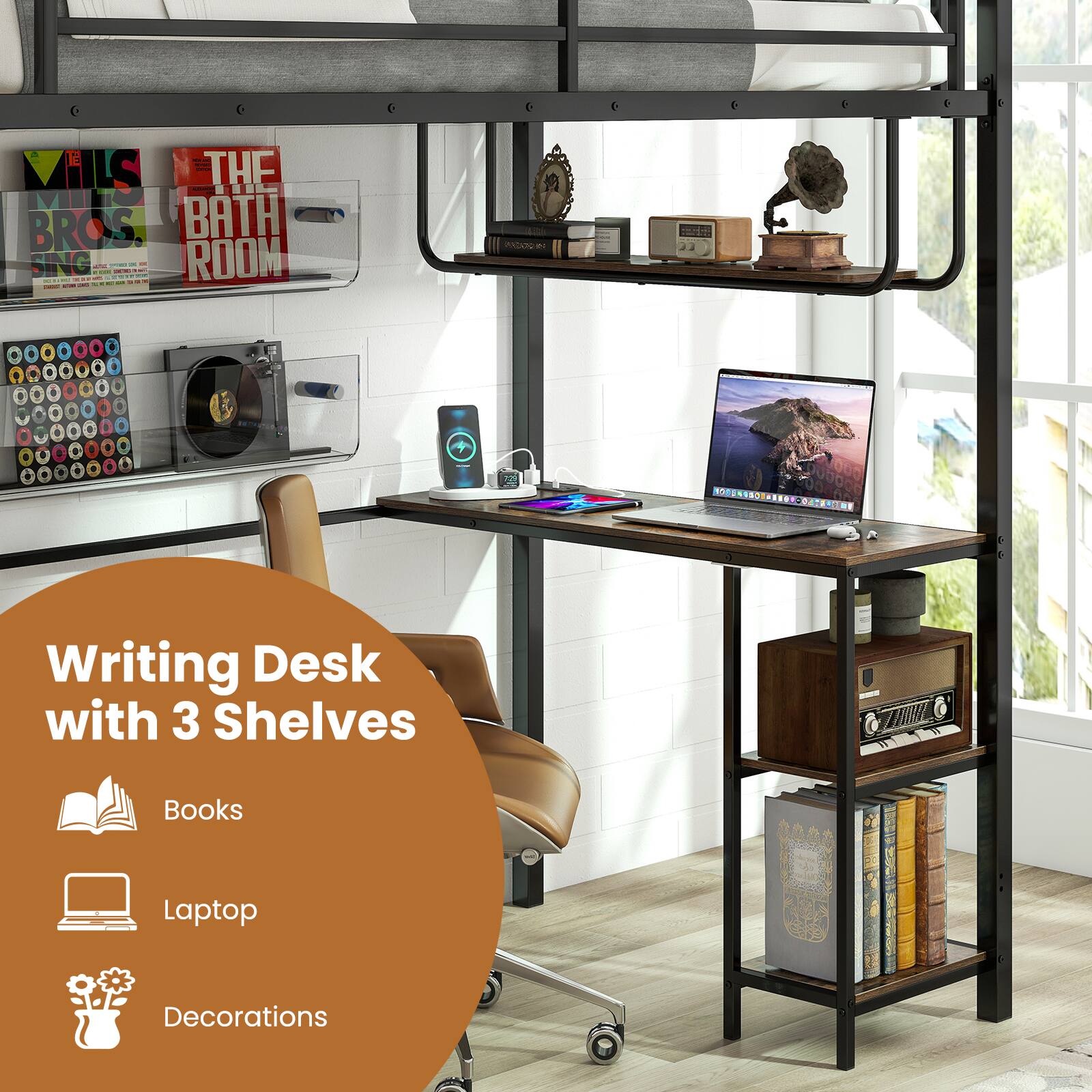 E 1 VillS - THE | VII BROS. BATH 1 ROOM SING | I 1 - | I 1 - - - - :  1 : - - i - 1 : PT  1 e +  1 . - + 1 . + 1 + -e  - + + 1 . 22  SL.S 00000 000 Writing Desk with 3 Shelves Books Laptop Decorations