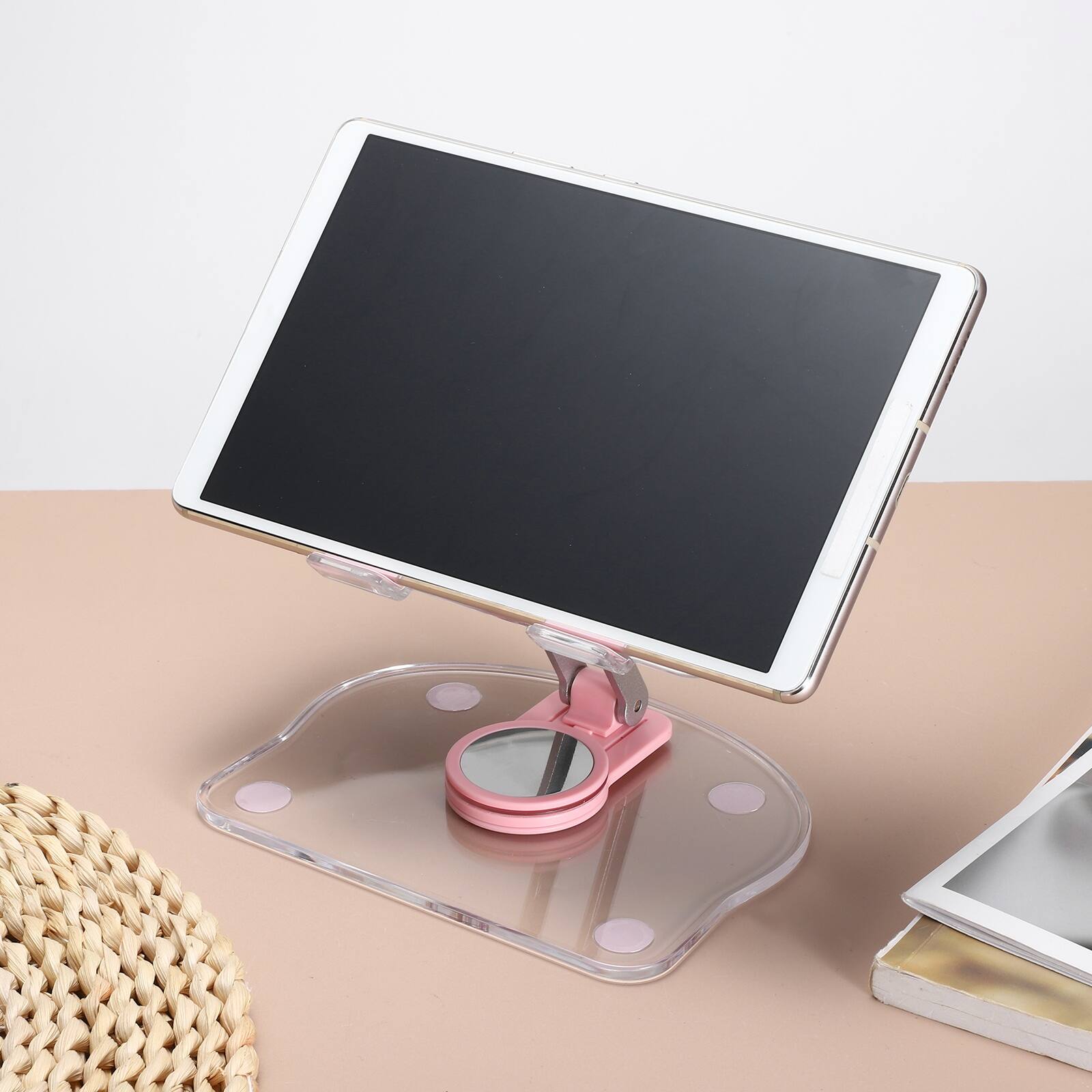 Alt View 5. Unique Bargains - Acrylic Tablet Stand - Adjustable, Foldable, Portable, Clear, 360° Rotating Base, for Desk/Home/Office, Women Gift - Pink.