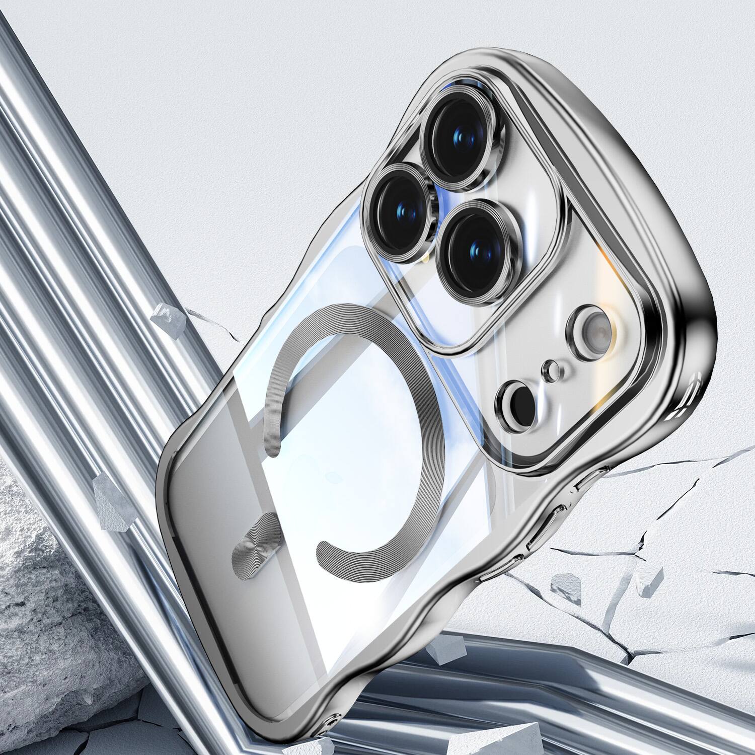 Alt View 1. Dteck - Magnetic Case For iPhone 17 Pro With Built-in Lens Protector Shockproof Plating Curly Wavy Frame Clear Back Cover - Silver.