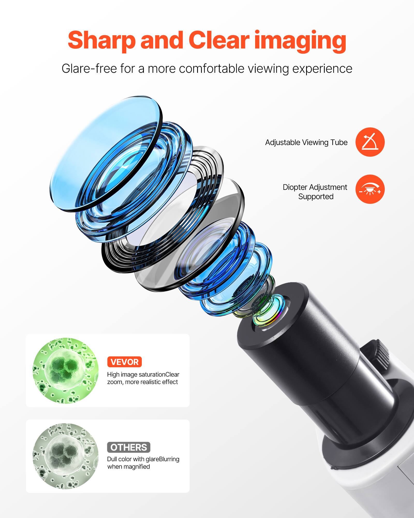 Sharp and Clear imaging  
Glare-free for a more comfortable viewing experience  

Adjustable Viewing Tube  
Diopter Adjustment Supported  

VEVOR  
High image saturation  
Clear zoom, more realistic effect  

OTHERS  
Dull color with glare  
Blurring when magnified