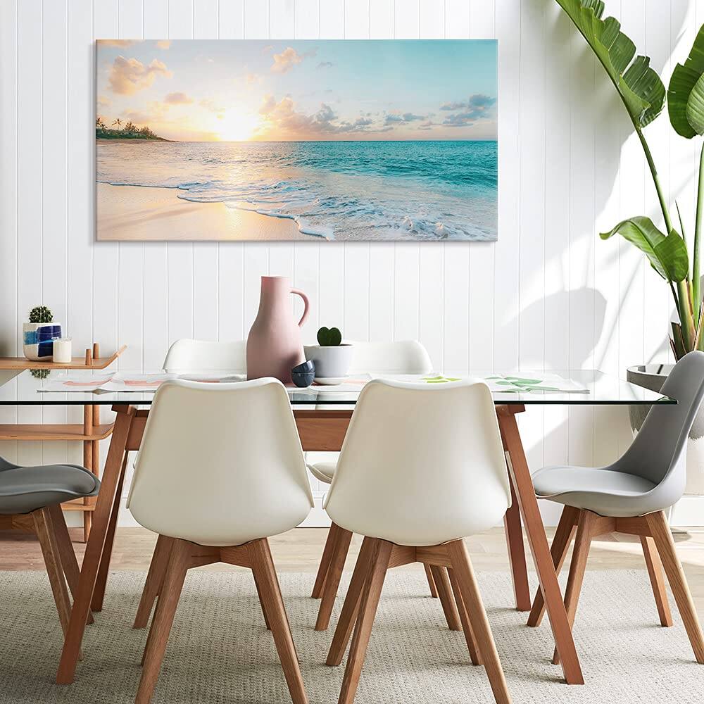 Alt View 2. Hirose Alice - Goldfoilart Ocean Beach Sunset Canvas Wall Art for Bedroom Seascape Paintings Coastal Picture Framed Artwork - Window Seagull 36"L x 24"W.