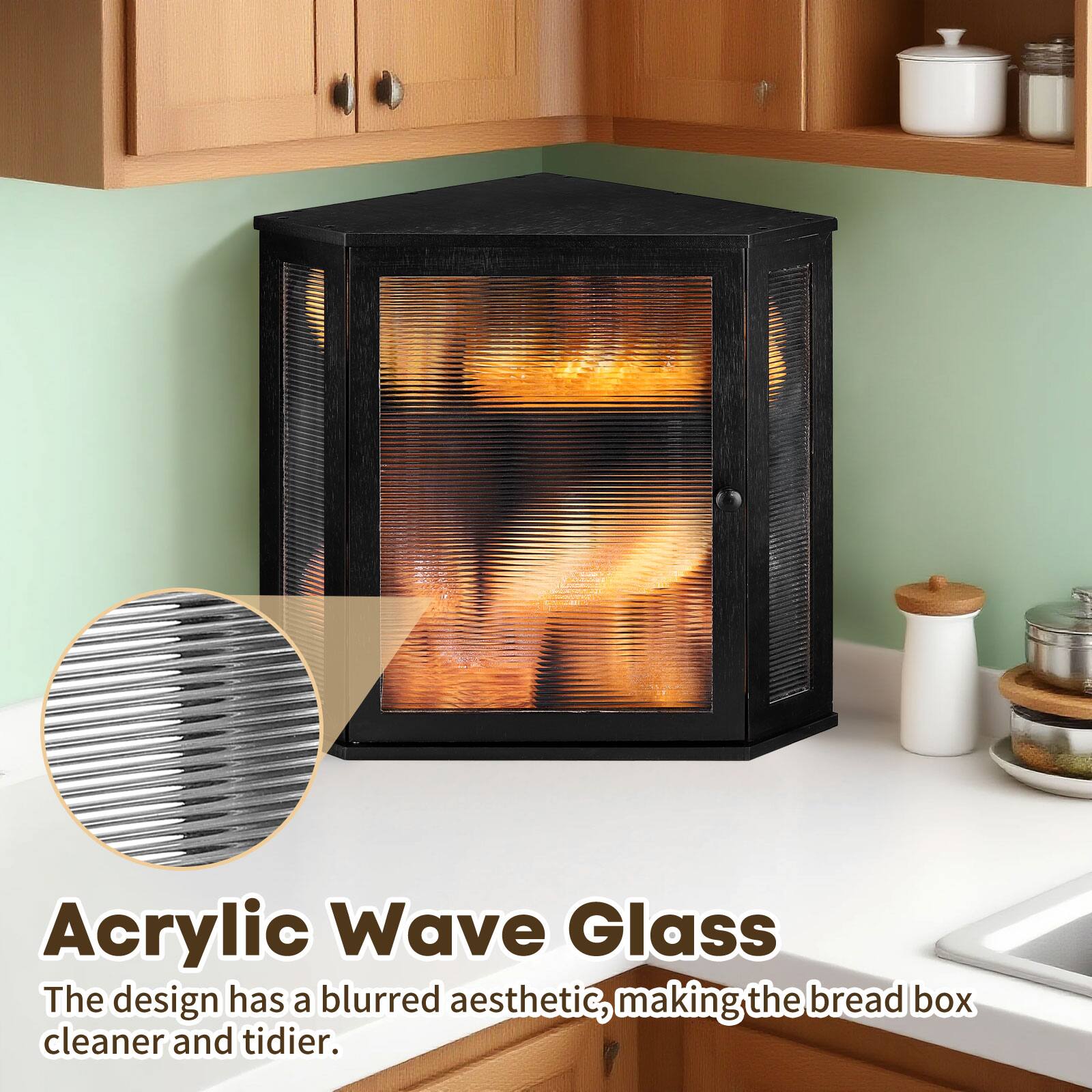 Acrylic Wave Glass  
The design has a blurred aesthetic, making the bread box cleaner and tidier.