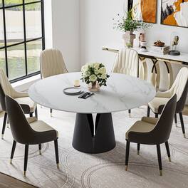 POVISON - 59" Modern Round White Dining Table for 6, Matte Sintered Stone Tabletop, Solid Black Carbon Steel Base - Matte White Sintered Stone & Black Steel Base