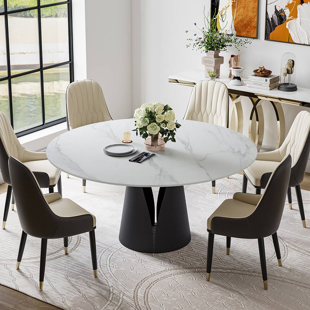 Front. POVISON - 59" Modern Round White Dining Table for 6, Matte Sintered Stone Tabletop, Solid Black Carbon Steel Base - Matte White Sintered Stone & Black Steel Base.