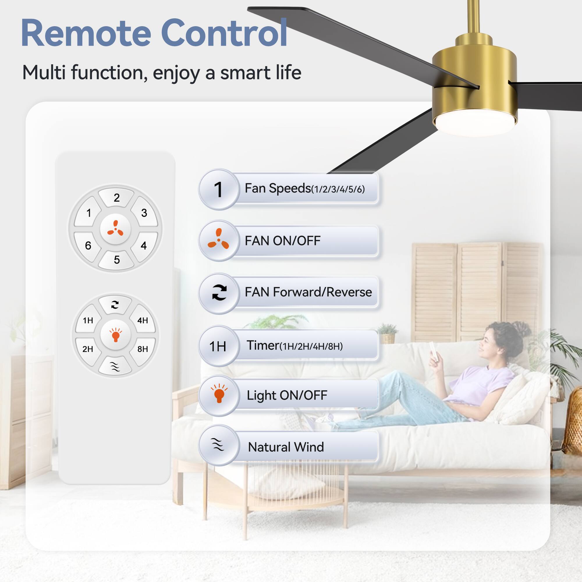 Remote Control Multi function, enjoy a smart life

1. Fan Speeds(1/2/3/4/5/6)
2. FAN ON/OFF
3. FAN Forward/Reverse
4. Timer(1H/2H/4H/8H)
5. Light ON/OFF
6. Natural Wind