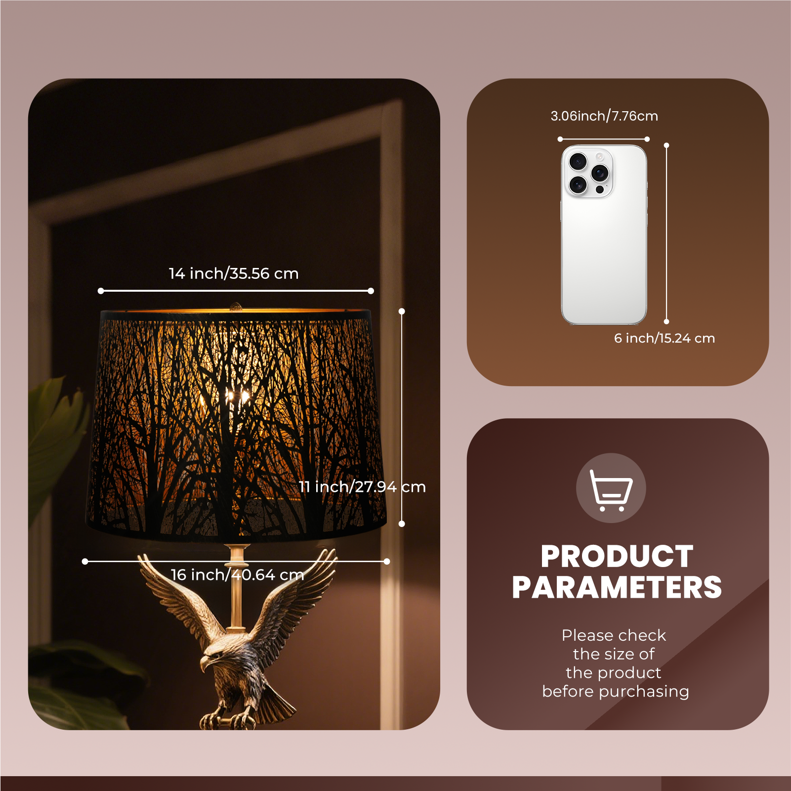 16 inch/40.64 cm
14 inch/35.56 cm
11 inch/27.94 cm
6 inch/15.24 cm
3.06inch/7.76cm
PRODUCT PARAMETERS
Please check the size of the product before purchasing