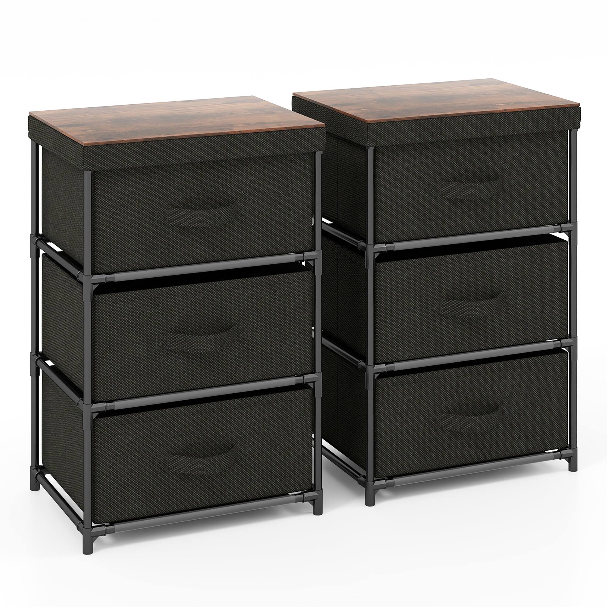 Alt View 18. Costway - 2PCS Fabric Bedside Table 3 Drawers Nightstand Small Dresser Bedroom Living Room - Black/Rustic Brown.