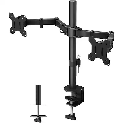Front. PARKER SLATER - Dual Monitor Desk Mount, Full Motion Stand for 13–27″ Screens with C-Clamp & Grommet Base" - Black.
