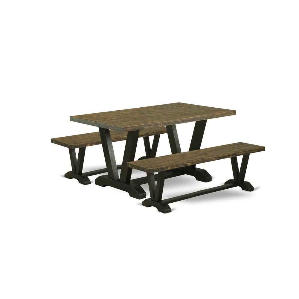 Left. East West Furniture - East West Furniture V2-676 3 Piece Dining Room Set - 1 Distressed Jacobean Dinning Table and 2 Small Wood Benches - - Multi-Color.