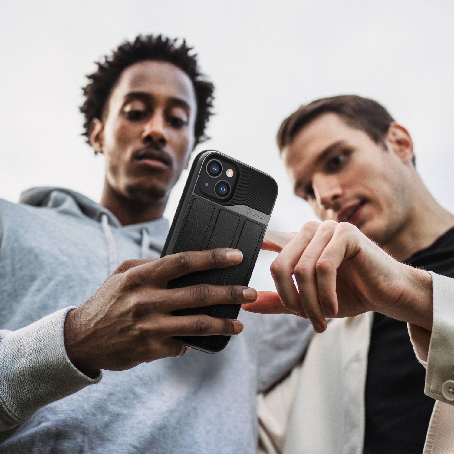 Angle. Vena - vCommute Wallet Case for Apple iPhone 15 - Flip Leather Cover Card Slot Holder with Kickstand - Space Gray - Multicolored.