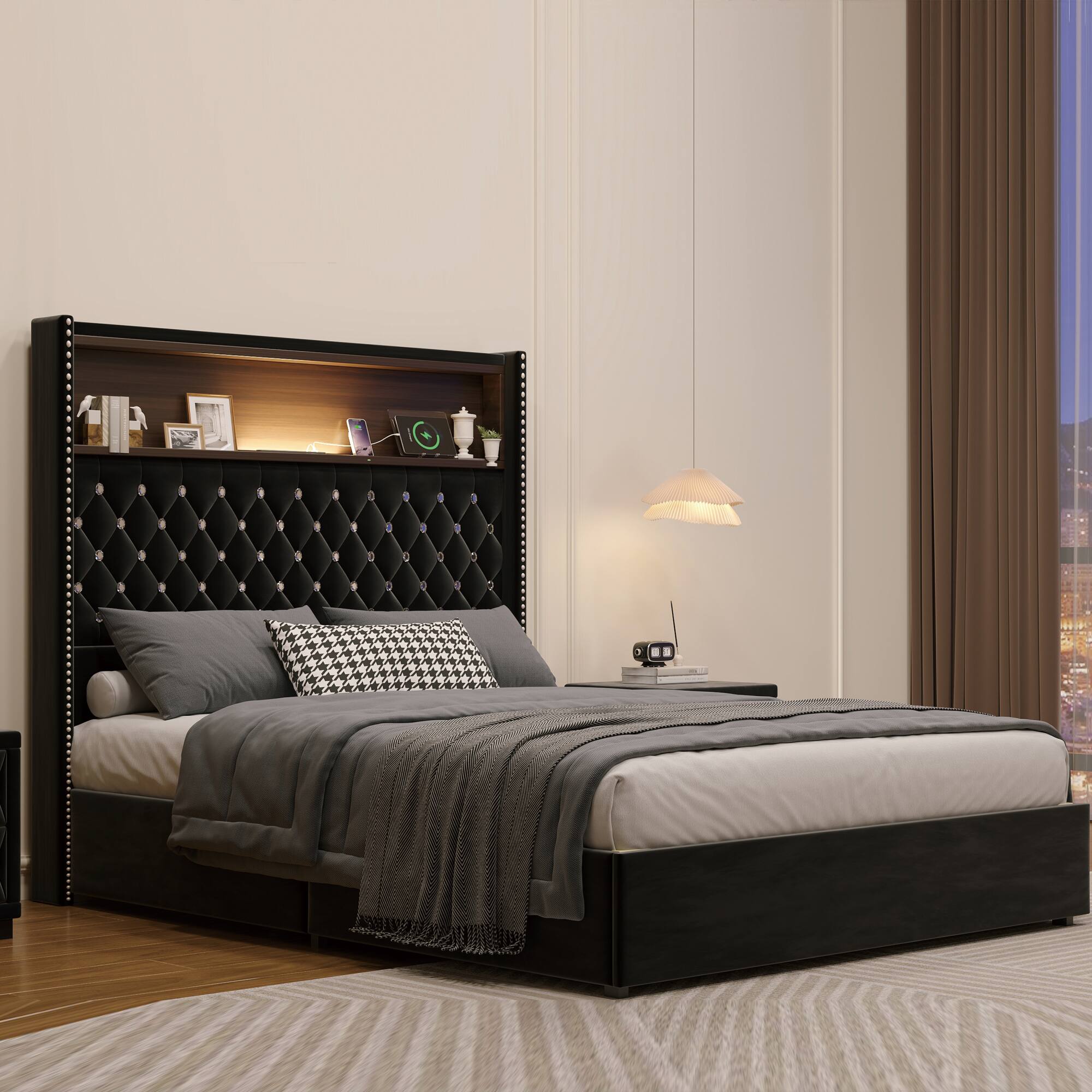Left. GOODSILO - Luxurious Velvet Tufted Bed Frame with USB Port and Night Light, High Headboard Platform Bed - Black.