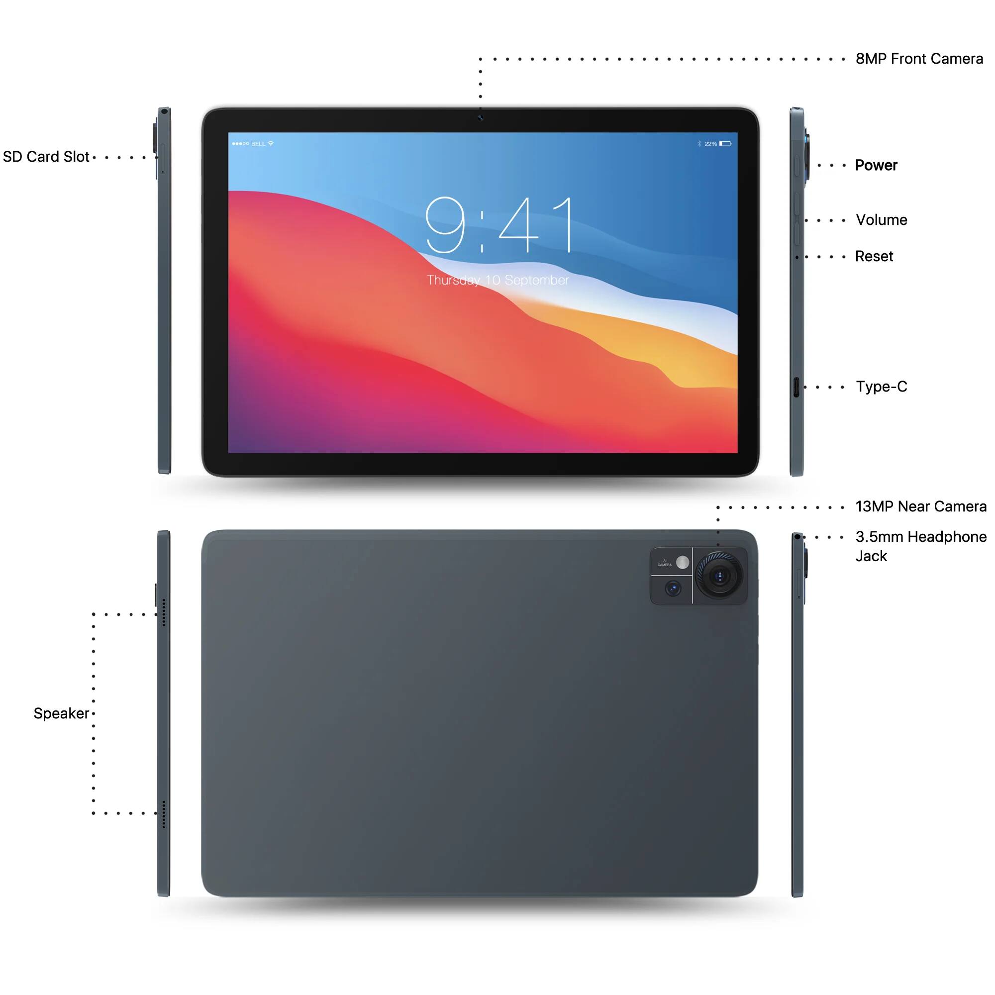 - 8MP Front Camera
- SD Card Slot
- Power
- Volume
- Reset
- Type-C
- 13MP Near Camera
- 3.5mm Headphone Jack
- Speaker